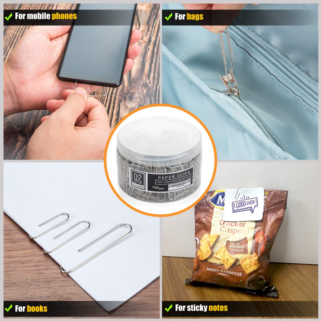 Kempshott 750 Paper Clips - Assorted Sizes Small, Medium and Large Paper Clips for Paperwork Ideal for Home, School and Office Use (28mm,33mm, 50mm)