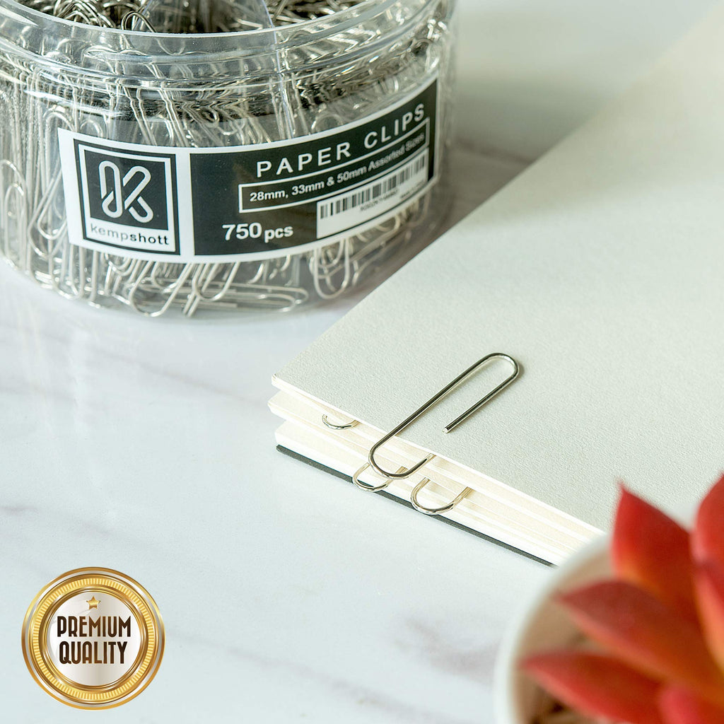Kempshott 750 Paper Clips - Assorted Sizes Small, Medium and Large Paper Clips for Paperwork Ideal for Home, School and Office Use (28mm,33mm, 50mm)