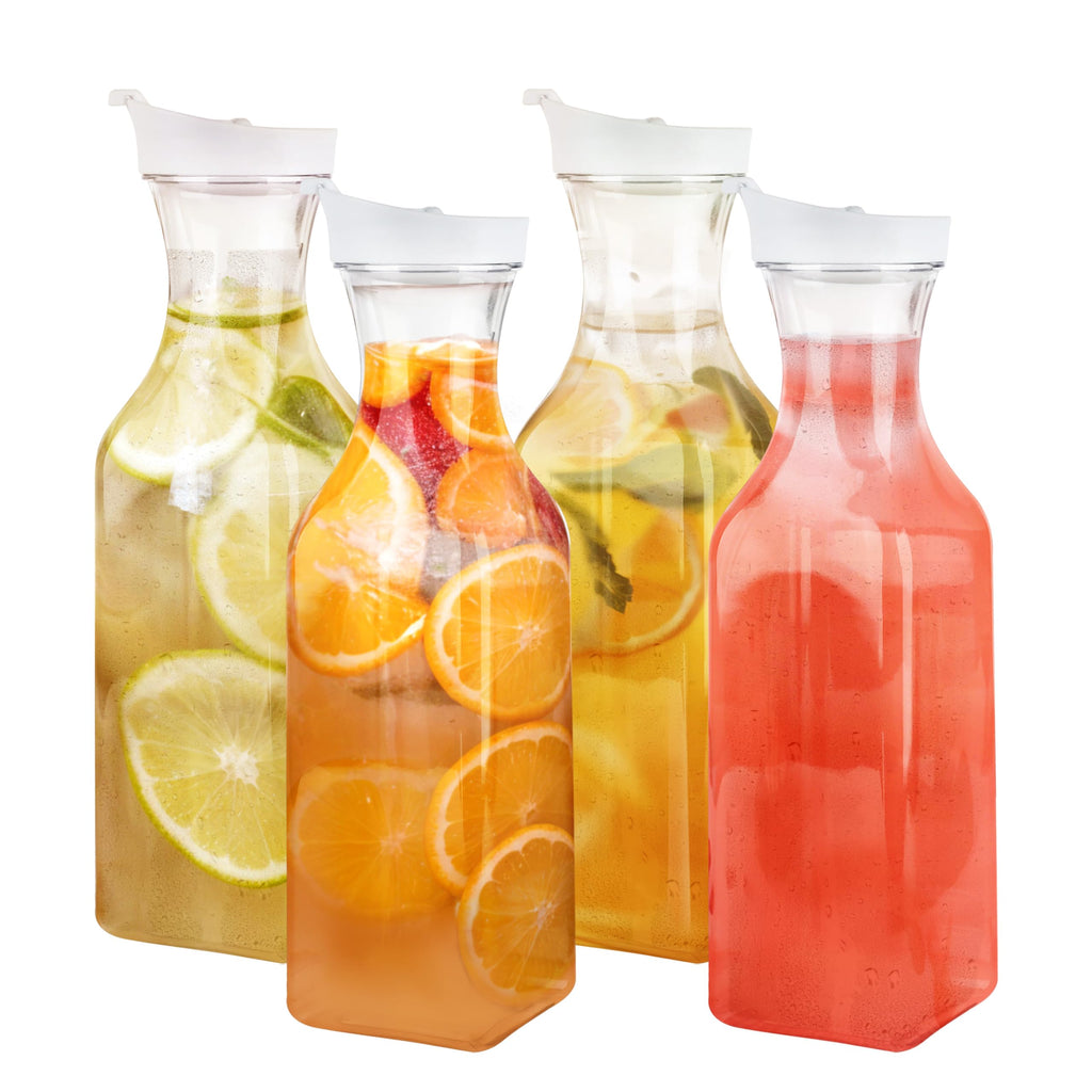 Gusto [50 oz - 4 Pack] Carafe with Lid, Large Capacity Square Base - Clear Pitcher with Flip Top Lid, Easy-Pour Spout Juice Containers with Lids, Hand Wash Only - Perfect for Mimosa Bar