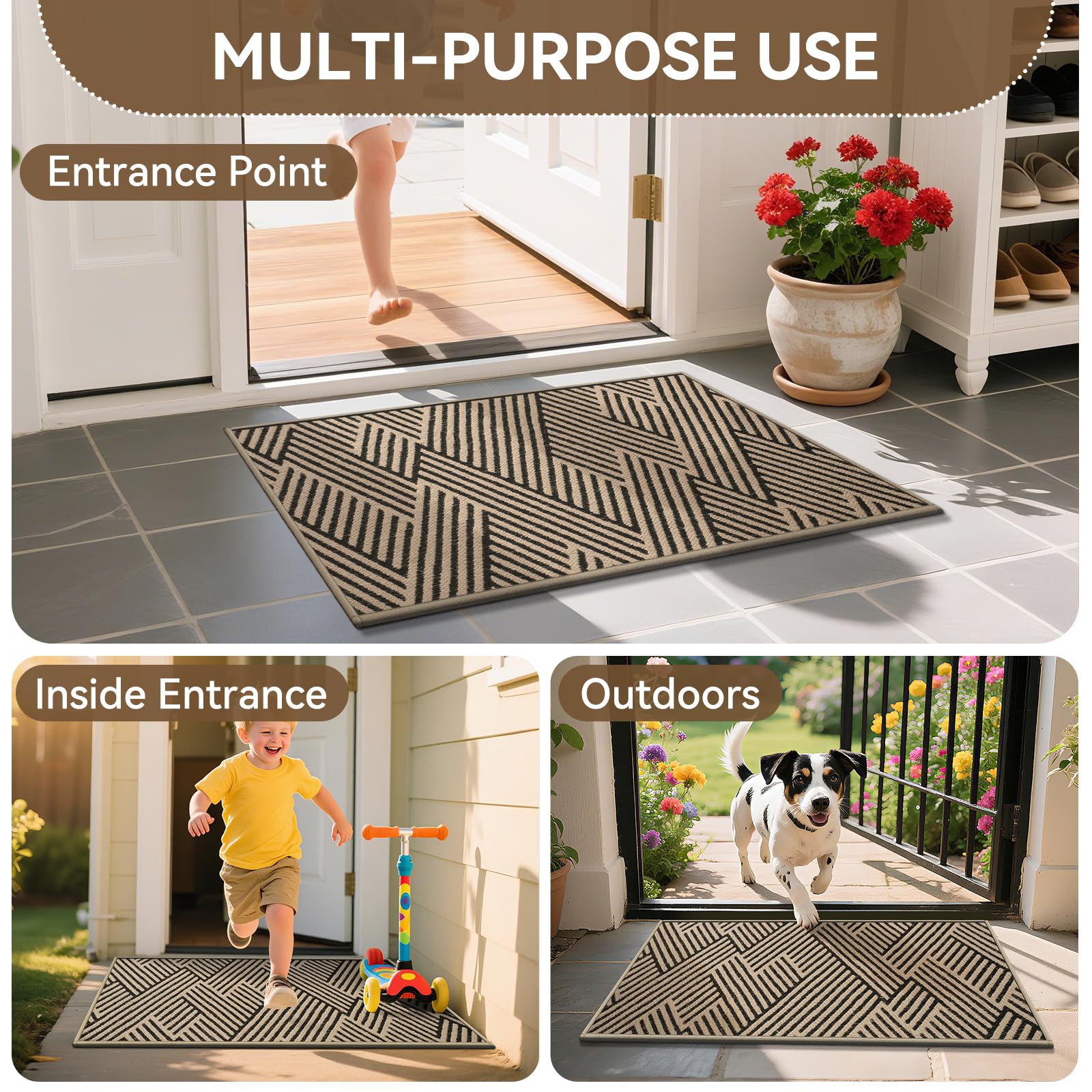 YDKGL Door Mat Indoor Outside Entrance 17"x30", Low-Profile Non Slip Outdoor Inside Doormat Entryway Mat, Dirt Resistant Absorbent Front Porch Welcome Entry Mats, Washable Easy Clean, Brown