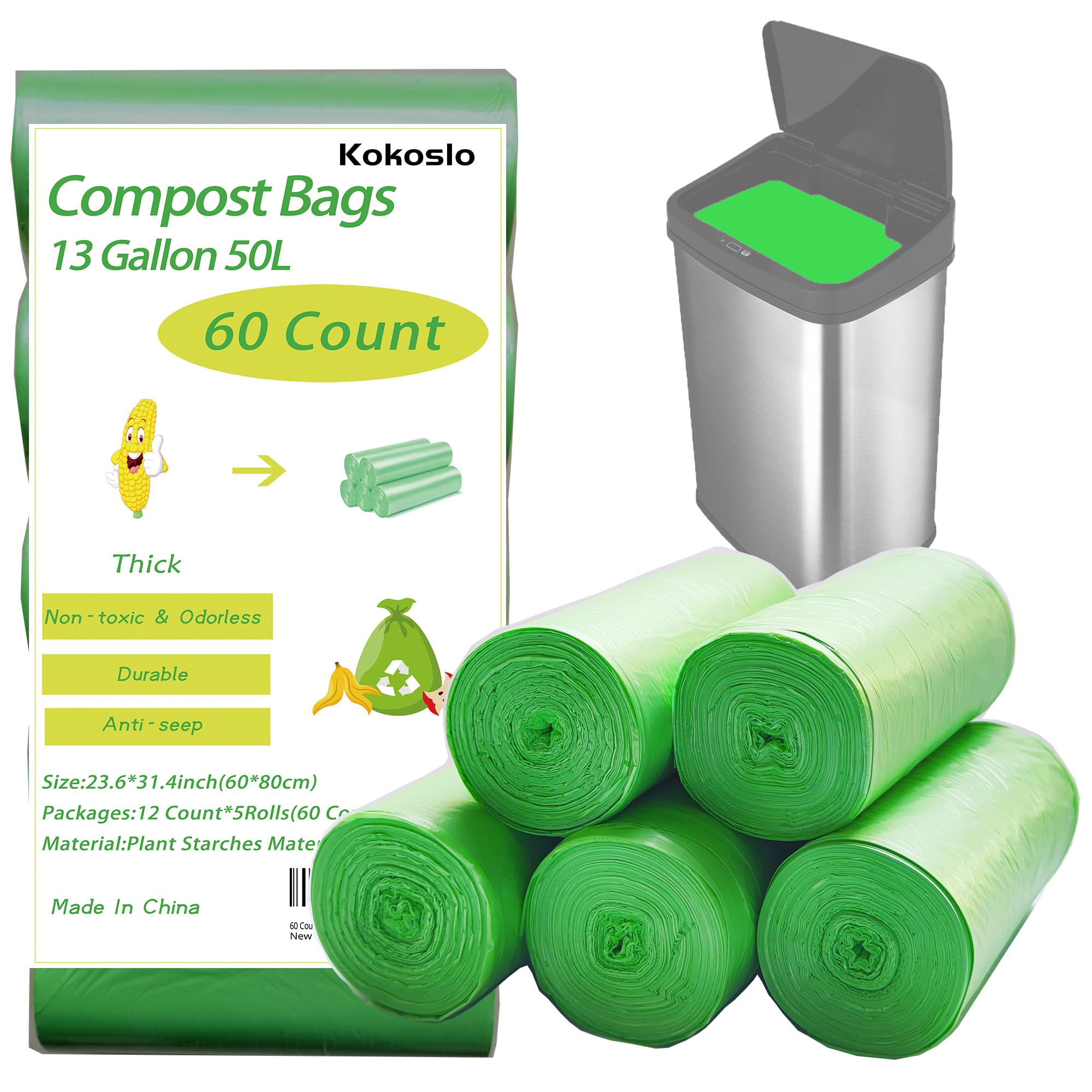 60 Counts 13Gallon 50L Large Compost Bag, Kitchen tall Compost bags, Compostable Bag For kitchen Bin, Extra large, Biodegradable bag for Food Scrap