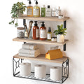 AMADA HOMEFURNISHING Bathroom Shelves with Storage Basket, Floating Shelves for Home Organization & Wall Decor, 3 Set Natural Wood Wall Shelf for Bathroom/Bedroom/Kitchen, Natural Wood