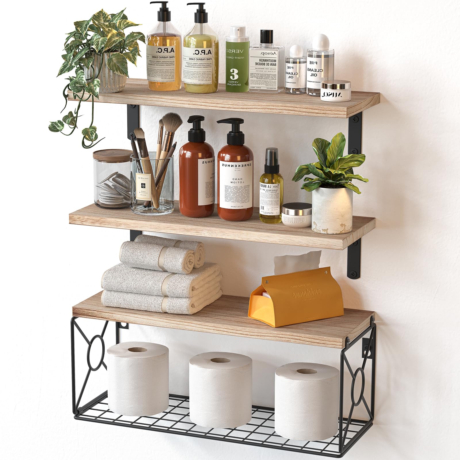 AMADA HOMEFURNISHING Bathroom Shelves with Storage Basket, Floating Shelves for Home Organization & Wall Decor, 3 Set Natural Wood Wall Shelf for Bathroom/Bedroom/Kitchen, Natural Wood