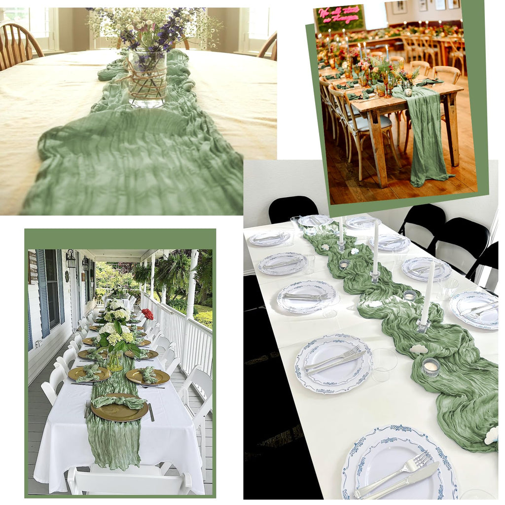 12 Pack Sage Green Table Runner 10Ft Cheesecloth Table Runner Rustic Gauze Table Runners Romantic Long Sage Sheer Fabric Cheese Cloth Table Runners for Wedding Party Bridal Baby Shower