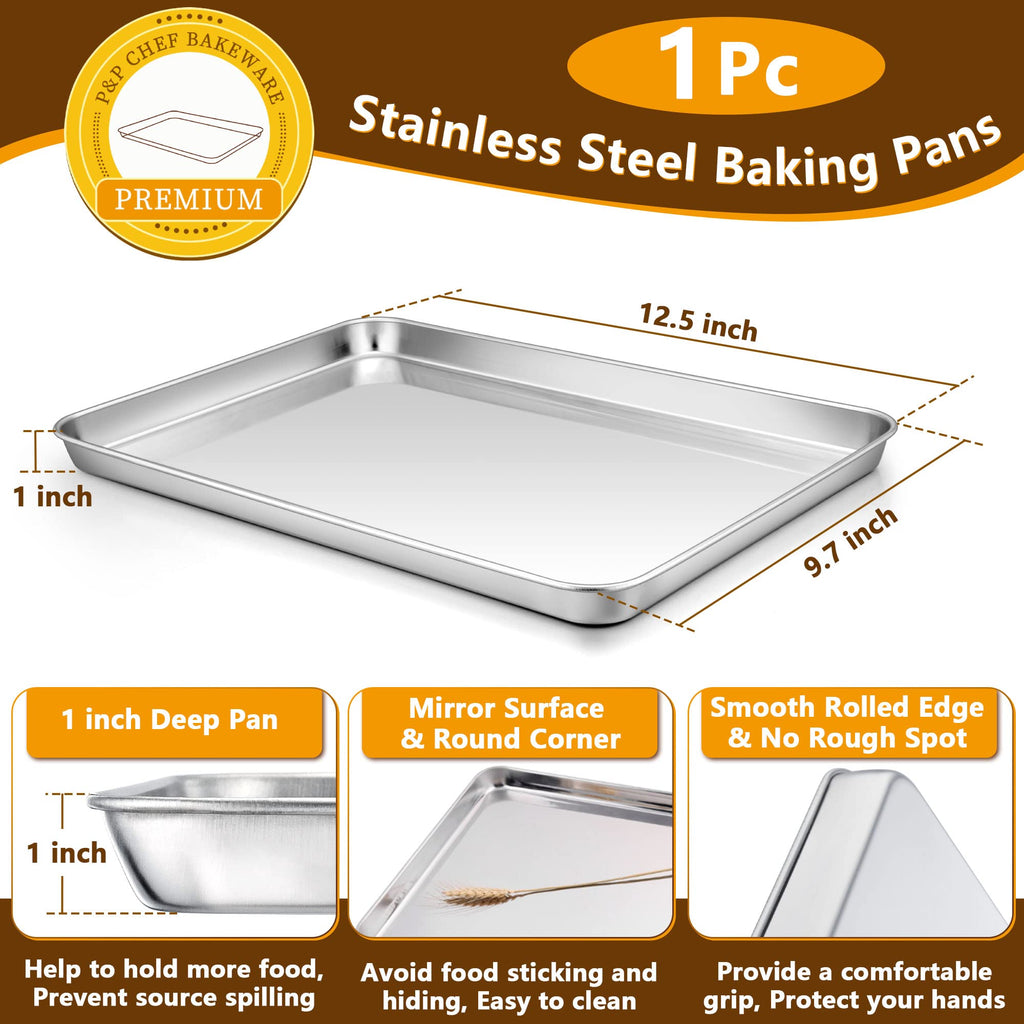 Toaster Oven Pan and Rack Set, P&P CHEF Toaster Oven Tray with Broiler Rack, Rectangle 12.5’’x9.7’’x1’’, Non Toxic & Healthy, Heavy Duty & Rust Free - Dishwasher Safe