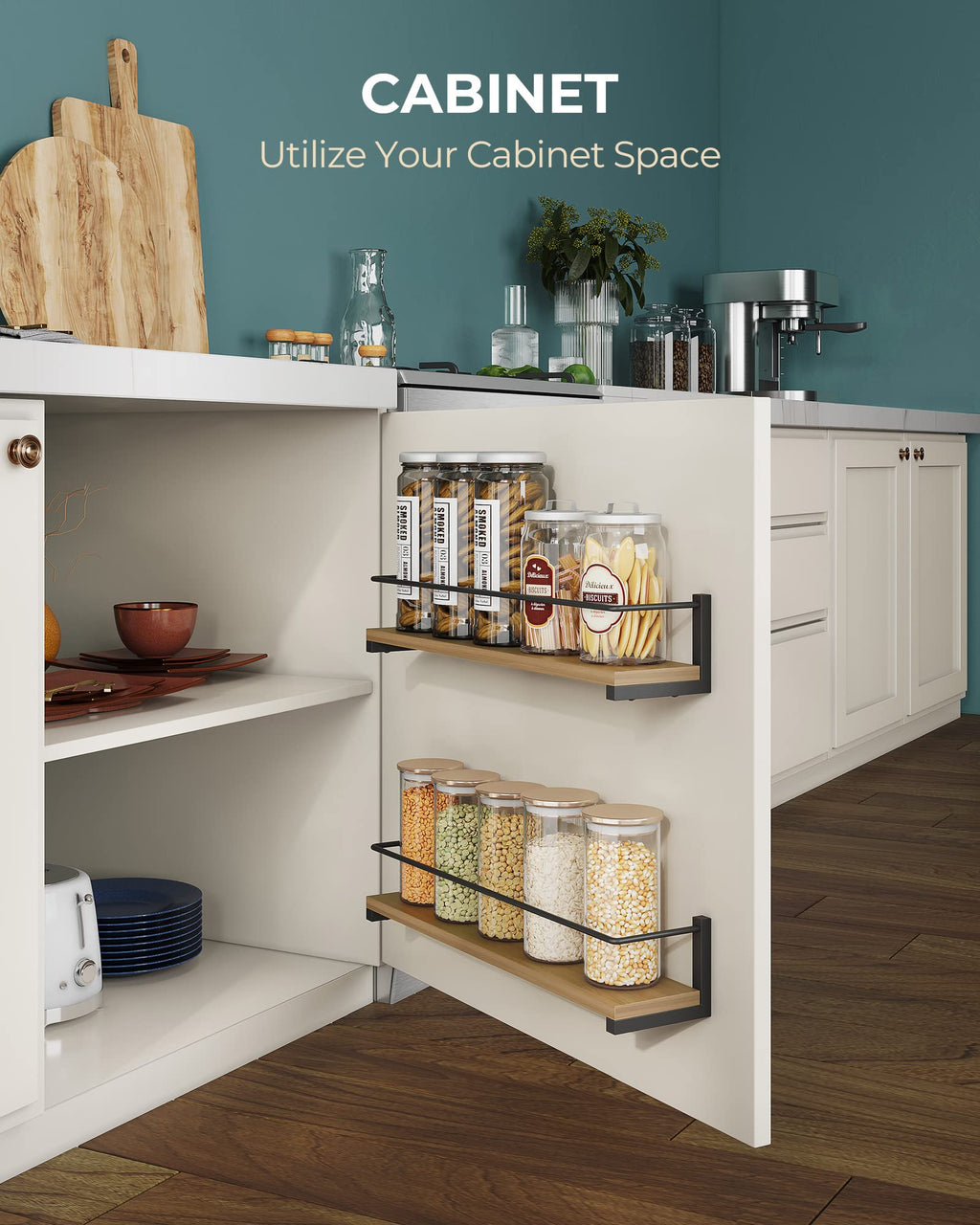 OROPY Wood Spice Racks Wall Mounted, Rustic Hanging Spice Storage Organizer, Kitchen Wall Spice Rack, 2 Pack