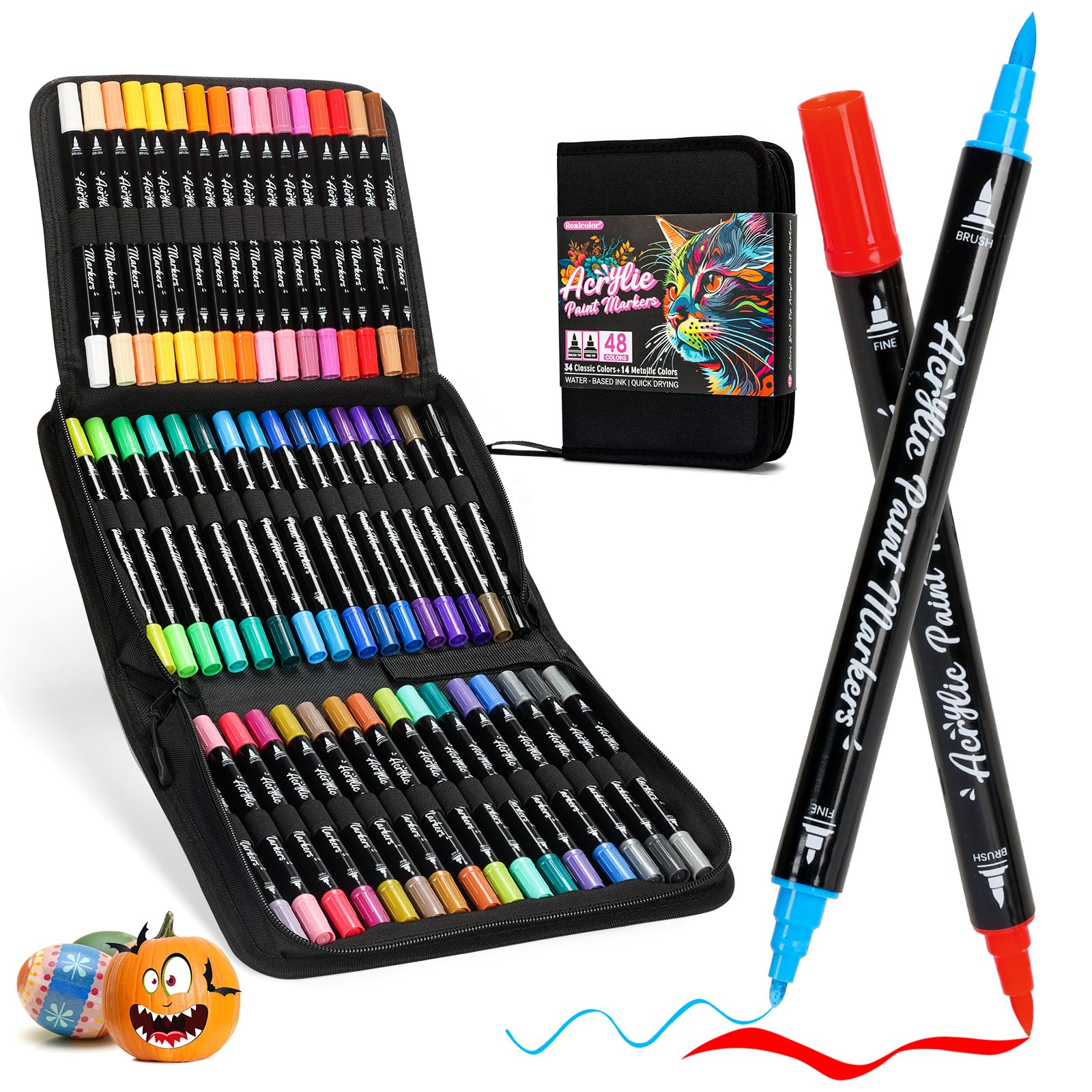 Acrylic Paint Markers, 48 Color Dual Tip Acrylic Paint Pens with Brush and Fine Tips for Rock Painting, Wood, Canvas,Ceramic,Card Making,Vibrant Color Ideal for Artists, Crafters & DIY Projects