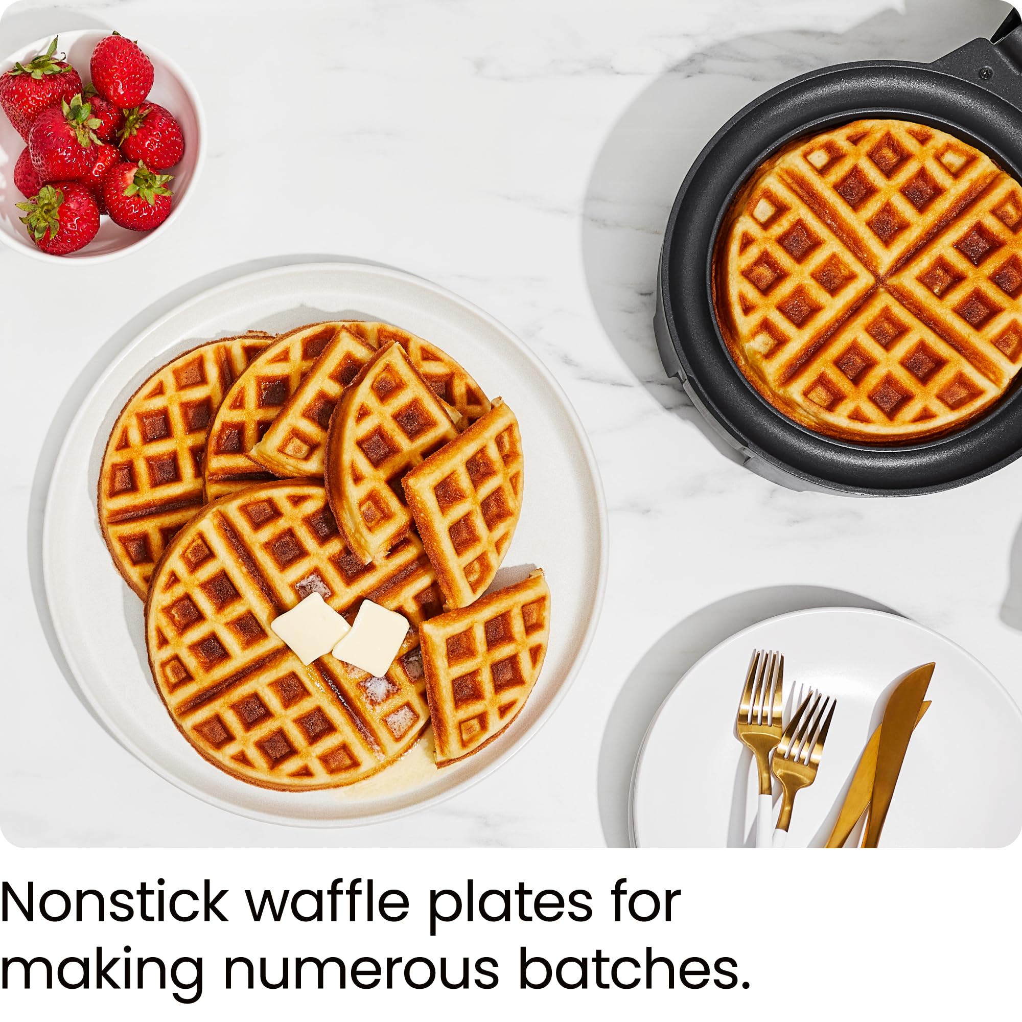 Chefman Anti-Overflow Belgian Waffle Maker w/ Shade Selector, Temperature Control, Mess Free Moat, Round Iron w/ Nonstick Plates & Cool Touch Handle, Measuring Cup Included, Black