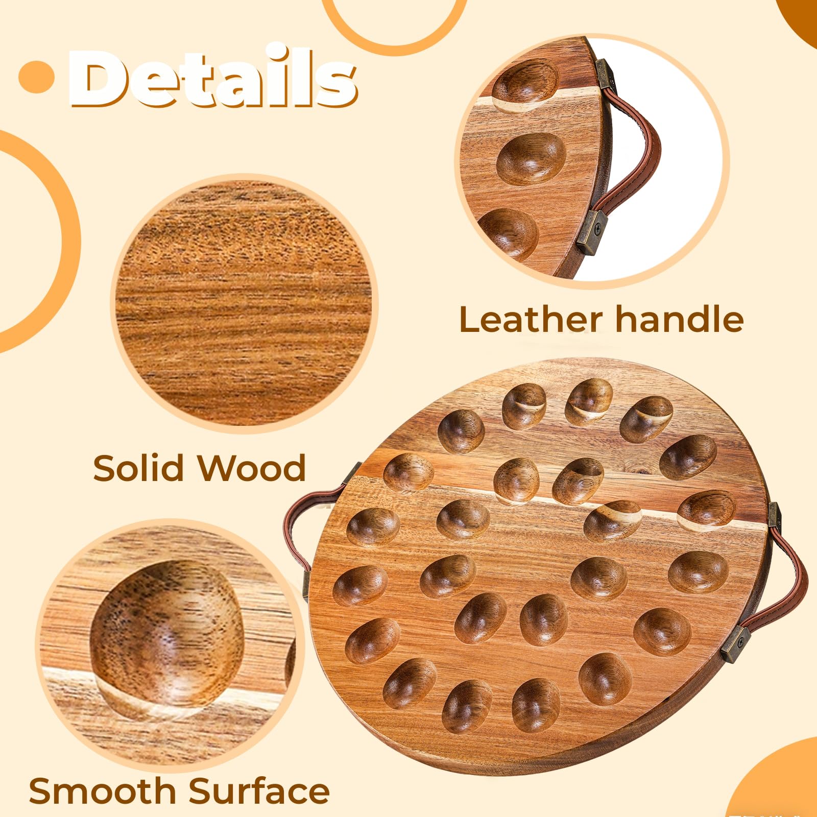 Hiceeden Acacia Wood Deviled Egg Platter with Handles for Easter, 24 Holes Round Deviled Egg Tray Container, Reversible Charcuterie Board Egg Plate Serving Tray for Countertop