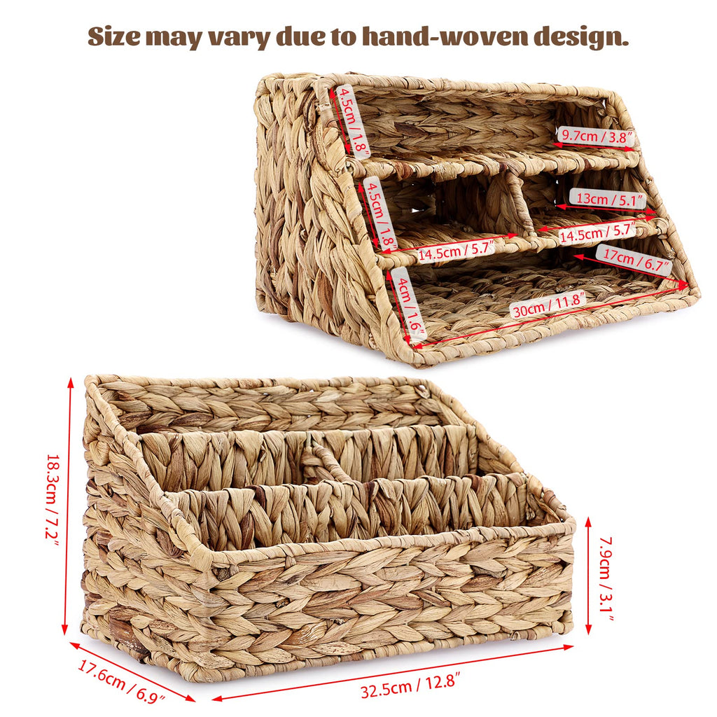 BTSKY Handwoven Water Hyacinth Desk Organizer, 4 compartments Desktop Mail Organizer, Woven Countertop Accessories Organizer for Office Supplies, Stationery Supplies, Makeup