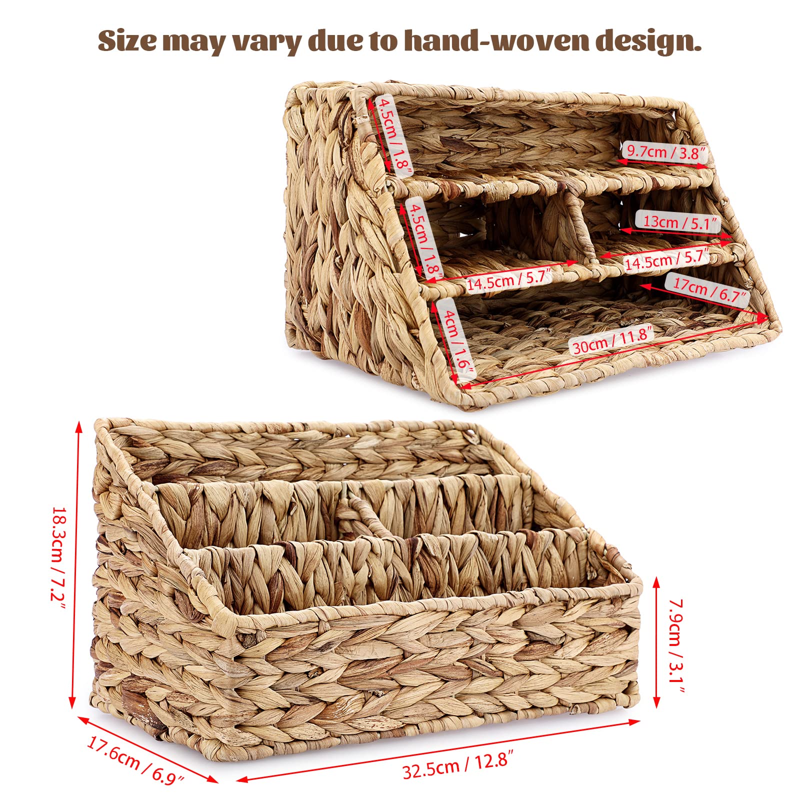 BTSKY Handwoven Water Hyacinth Desk Organizer, 4 compartments Desktop Mail Organizer, Woven Countertop Accessories Organizer for Office Supplies, Stationery Supplies, Makeup