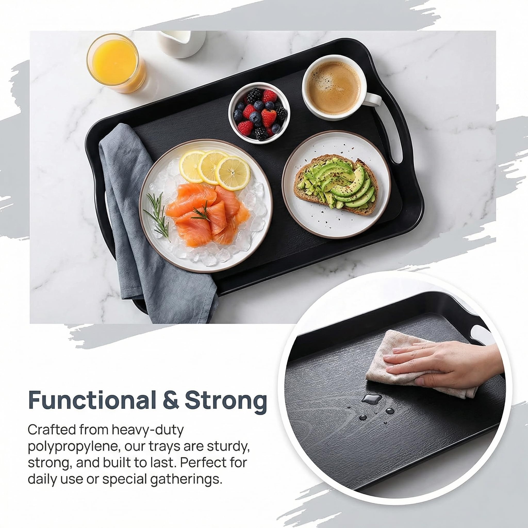 Cedilis 3 Pack Black Serving Trays with Handles,16 x 11IN Rectangular Non Skid Multi-Purpose Plastic OttomanTray for Restaurant, Parties, Coffee Table