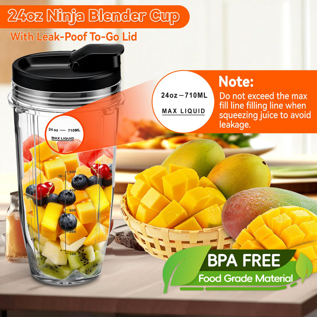 2Pcs Replacement 24oz Blender Cup with Sip Seal Lid for Nutri Ninja BL450 BL456 BL480 BL482 BL640 BL642 BL682 BN400 BN750 BN800 NN100 Foodi SS101 SS151 SS351 SS401 SS400 Ninja Auto IQ Series Blender