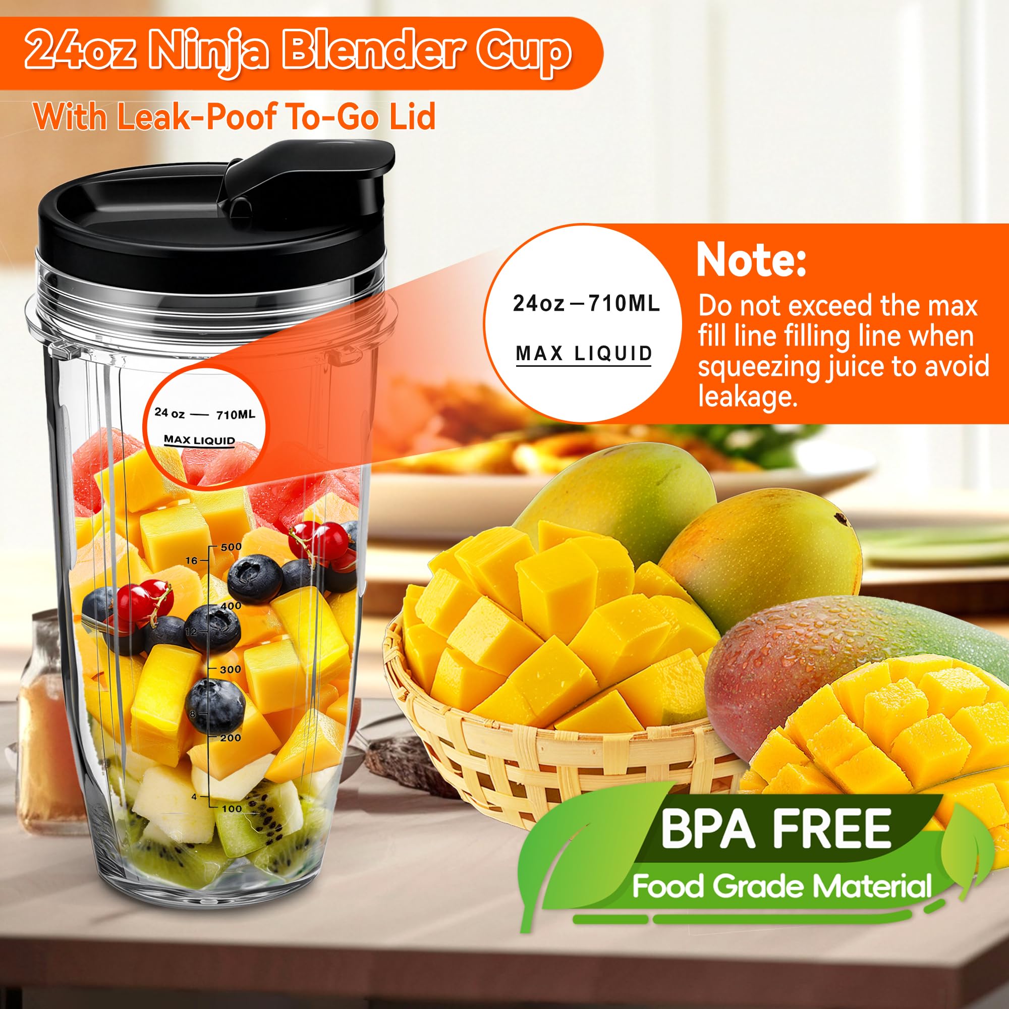 2Pcs Replacement 24oz Blender Cup with Sip Seal Lid for Nutri Ninja BL450 BL456 BL480 BL482 BL640 BL642 BL682 BN400 BN750 BN800 NN100 Foodi SS101 SS151 SS351 SS401 SS400 Ninja Auto IQ Series Blender