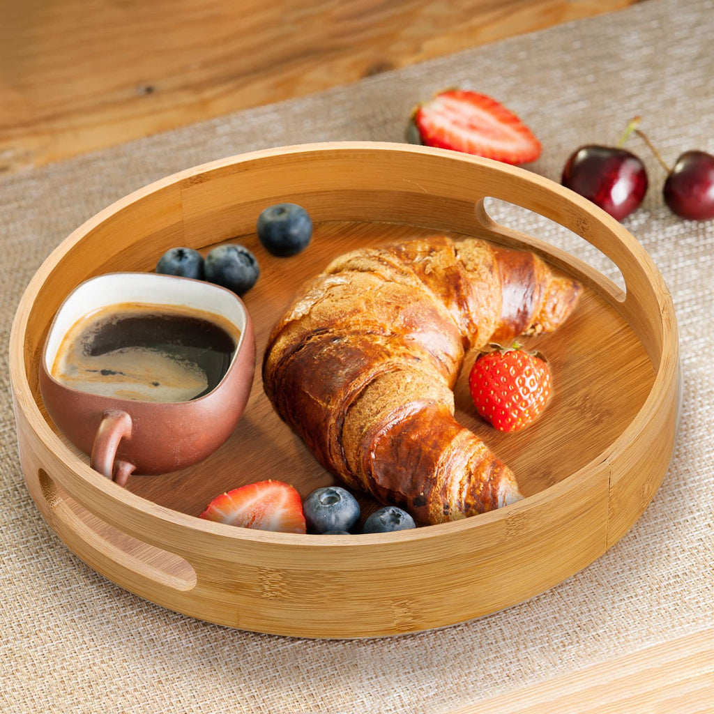 Jucoan 13.8 Inch Large Round Bamboo Serving Tray, Bamboo Wood Circle Tray with Handles, Round Ottoman Food Tray for Serving Breakfast, Drinks, Snack on Home Dining Table