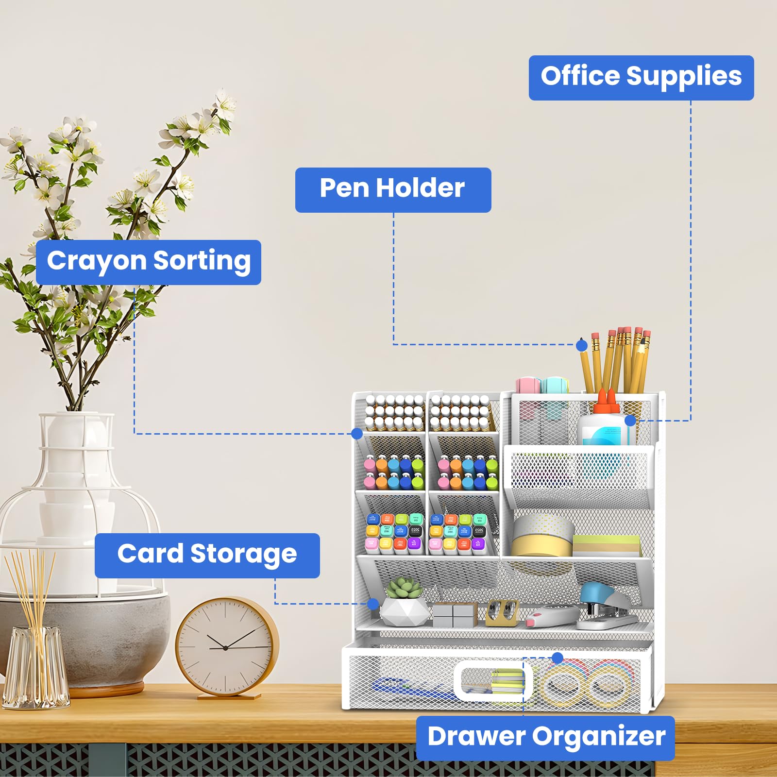 Mesh Pen Holder Desk Organizer, Multi-Function Pen Organizer with Drawer, Cute Desk Organizers and Accessories for Office Supplies White