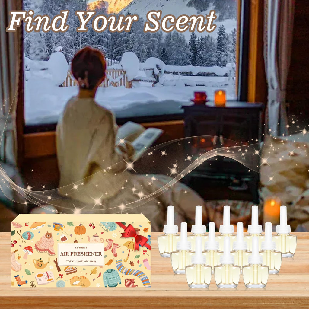 Plug in Scented Oil Refill, 12ct, Vanilla Almond Biscuit, Cashmere Wood, Fresh Cut Fraser Fir, First Snowfall, Wall Plug In Refill Oils for Home, Compatible with Air Wick & Glade, Not for Glade Plus