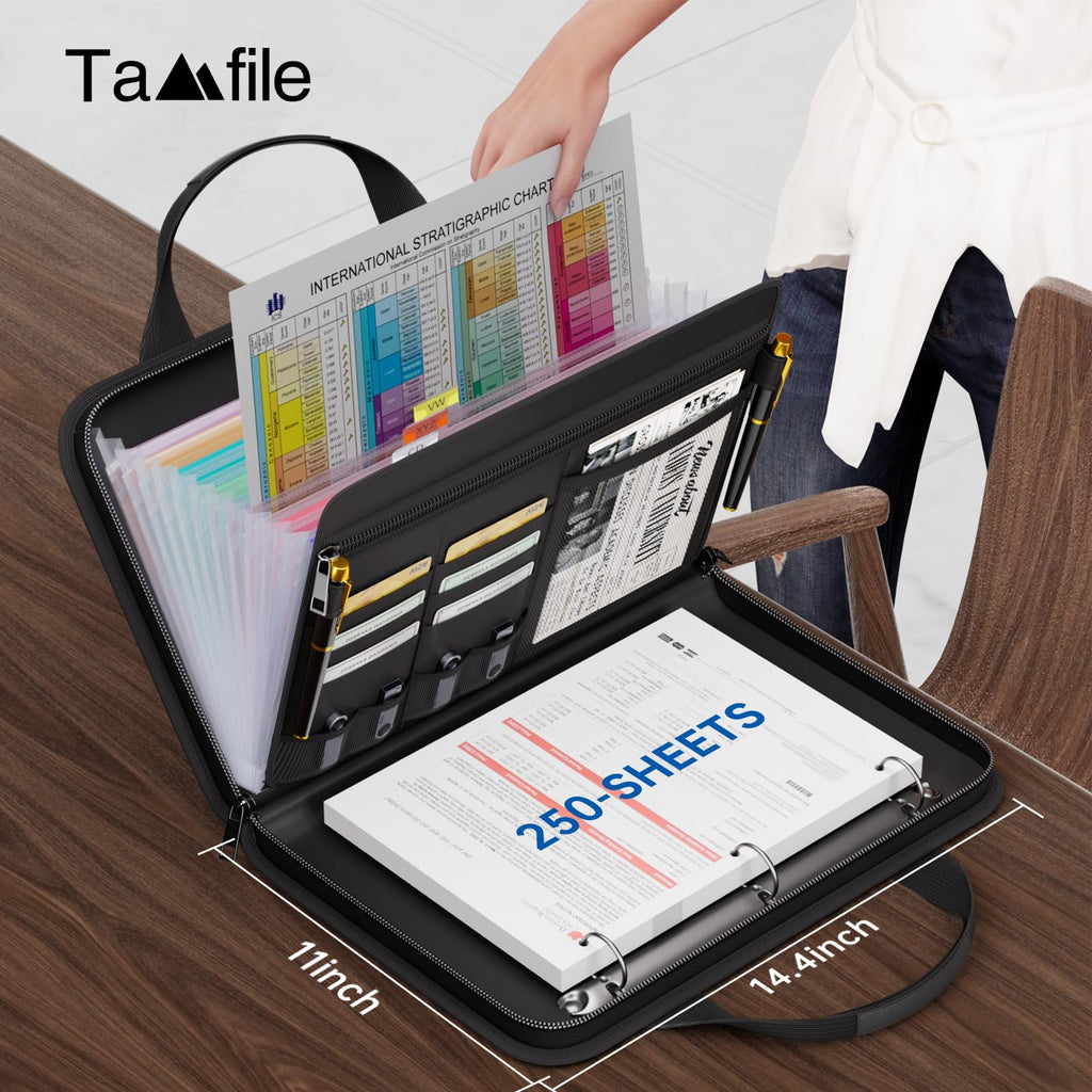 Tamfile Fireproof Accordion File Folder with Handle, Expanding File Folder with 13 Pockets Zipper and Labels, File Folder with 3 Rings, Multiple Pockets, Paper Organizer for A4 Folder