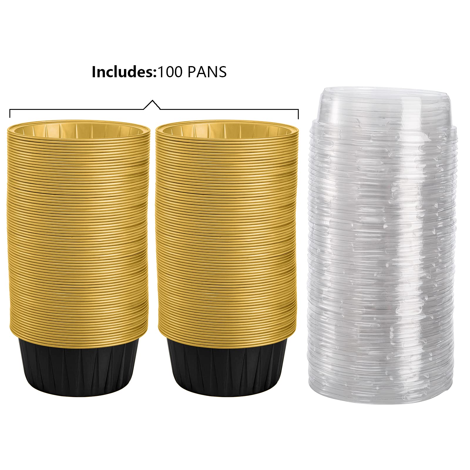 DEAYOU 100 Pieces Aluminum Foil Baking Cups with Lids, 5oz Disposable Ramekins Muffin Cups, 3" Cupcake Foil Liners Tart Pie Tin Pan Holder for Pudding, Souffle, Party, Wedding, Black Gold Color