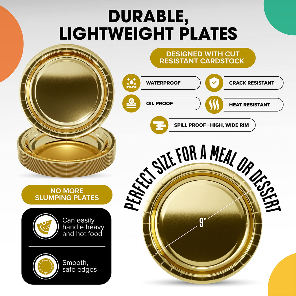 Gold Paper Plates 9 Inch 100 Count - Gold 9 Inch Paper Plates - Bulk Paper Plates Gold Disposable Plates - Disposable Cake Plates Paper Plate Gold - Exquisite