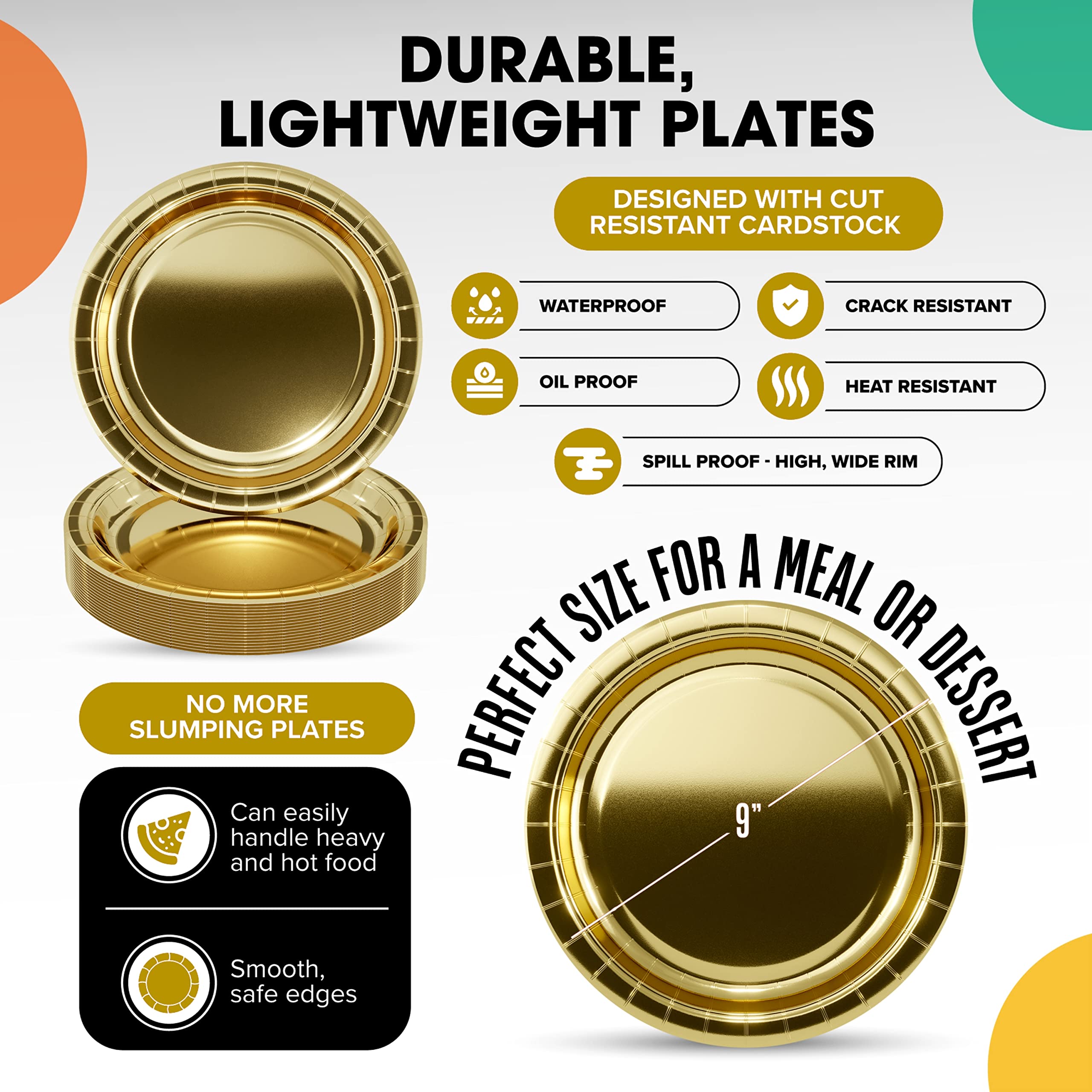 Gold Paper Plates 9 Inch 100 Count - Gold 9 Inch Paper Plates - Bulk Paper Plates Gold Disposable Plates - Disposable Cake Plates Paper Plate Gold - Exquisite