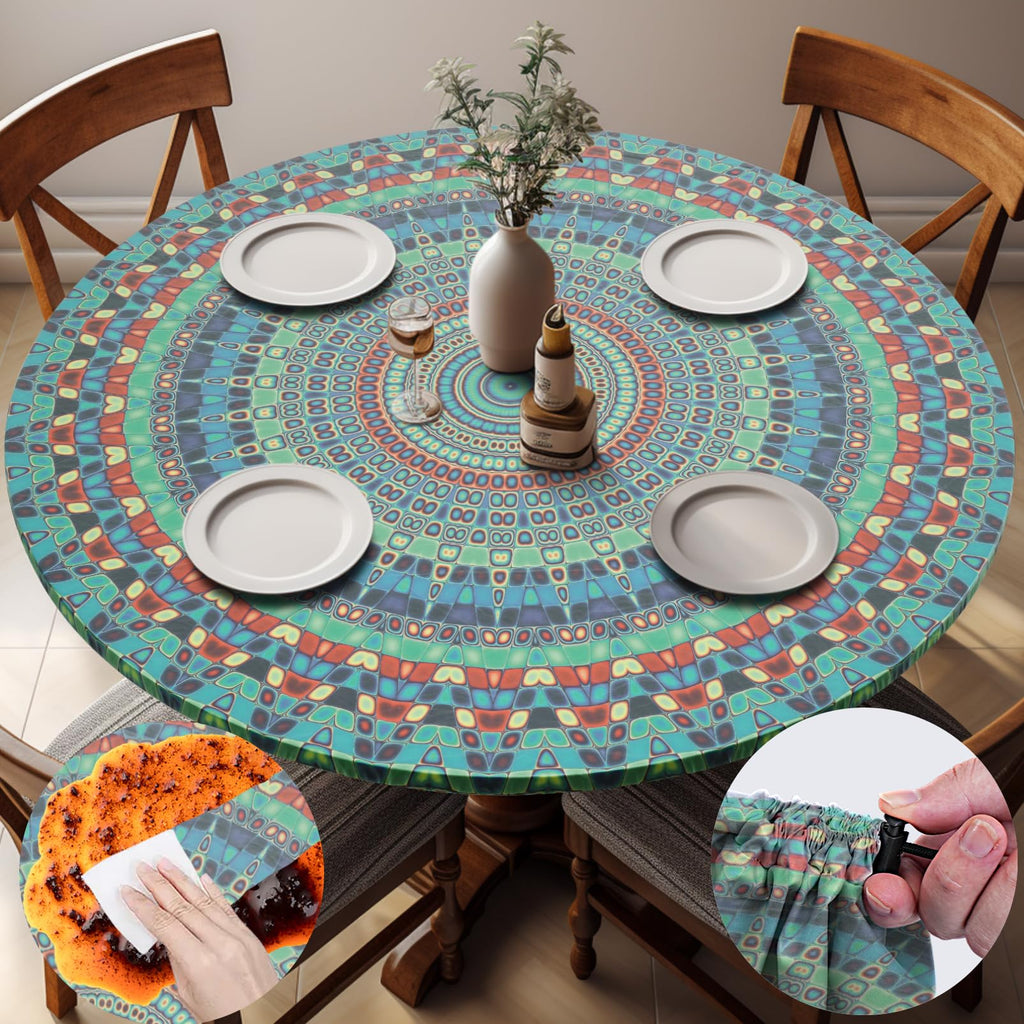 opstellen Boho Vinyl Round Tablecloth Waterproof Fitted Table Cloth Summer Fall Outdoor Circle Cover for 36-44" Tables Kitchen Dining Apartment Essentials Picnic Camping Party Decor Housewarming Gifts