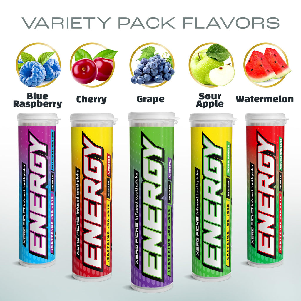 Xero Picks ENERGY Infused Flavored Toothpicks with Caffeine, B12, and B6 (Variety, 5 Pack)