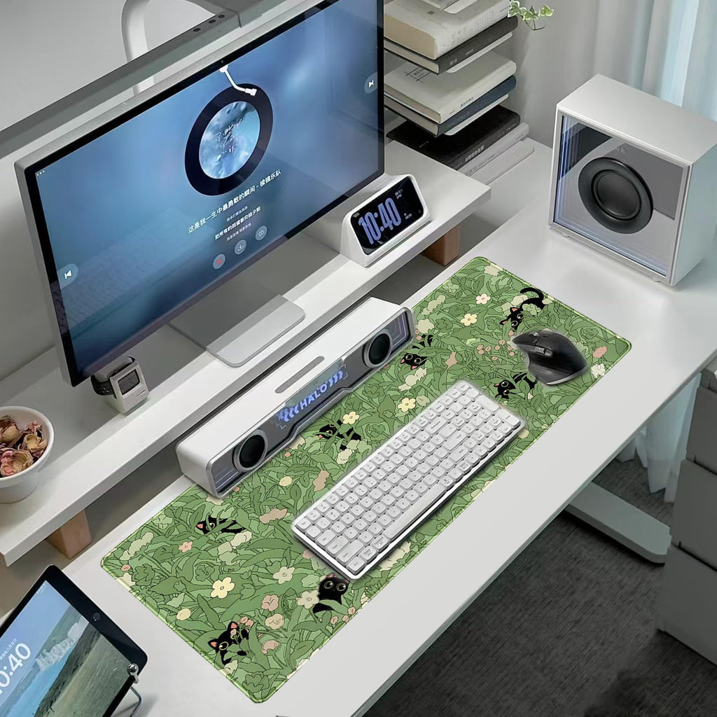 Gaming Mouse Pad XXL Extended Anime Mouse Pad 31.5x11.8 inch, Large Cute Kawaii Big Computer Mouse Mat Desk Pad with Non-Slip Rubber Base and Stitched Edge for Home Office-Cat in Grass