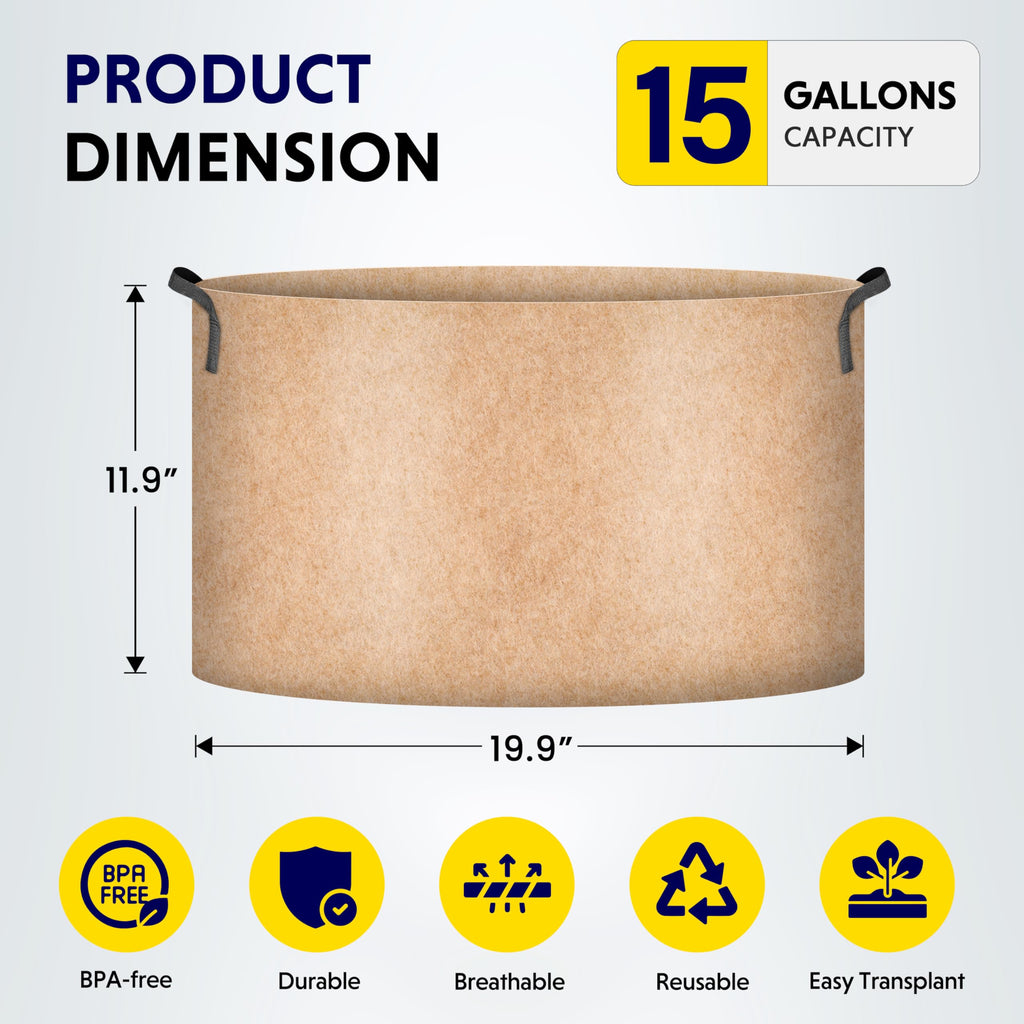 iPower 15 Gallon 5 Pack Grow Bags Nonwoven Fabric Pots Aeration Container with Strap Handles for Garden and Planting, Tan