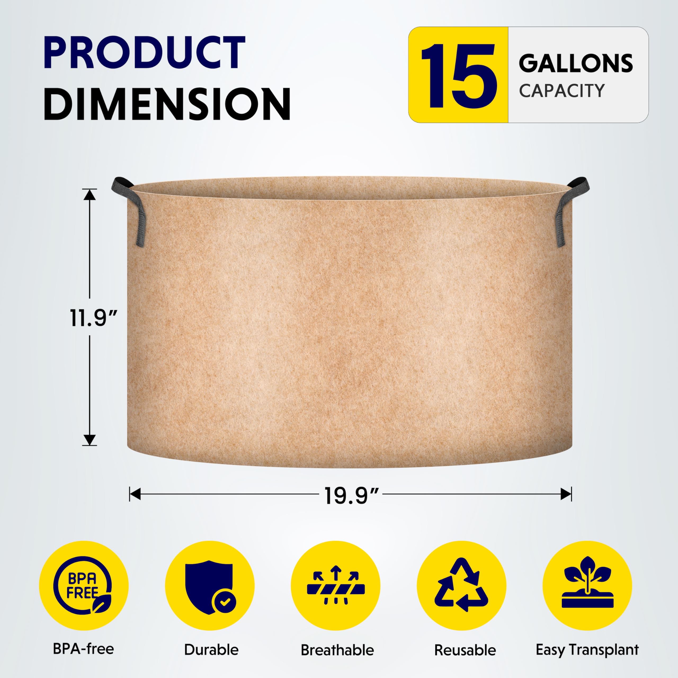 iPower 15 Gallon 5 Pack Grow Bags Nonwoven Fabric Pots Aeration Container with Strap Handles for Garden and Planting, Tan