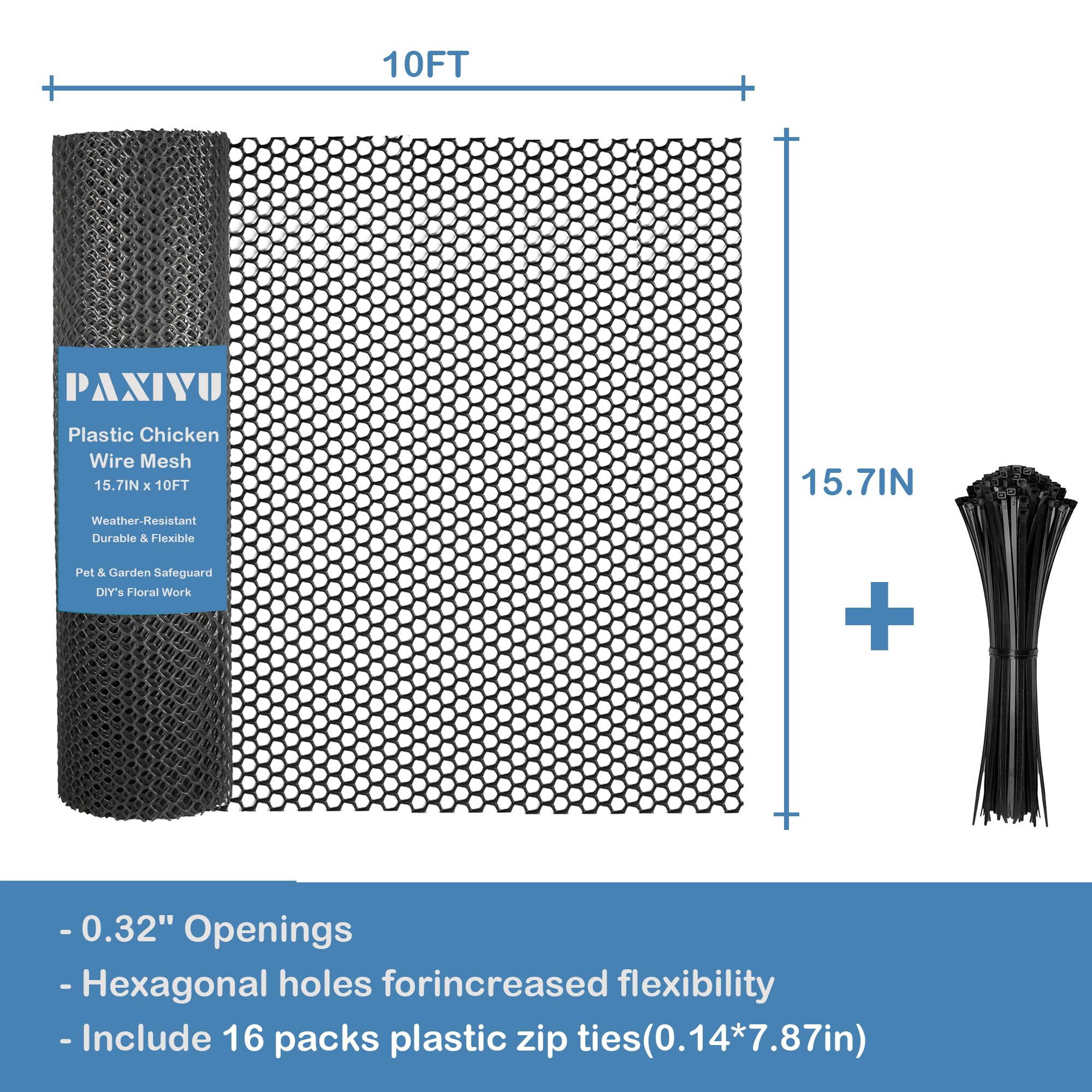 15.7IN x 10FT Black Plastic Chicken Wire Mesh Roll - Durable Plastic Mesh Fence for Poultry, Dogs, Rabbits, Garden & Snake Barrier - Easy to Cut & Install with 16 Zip Ties
