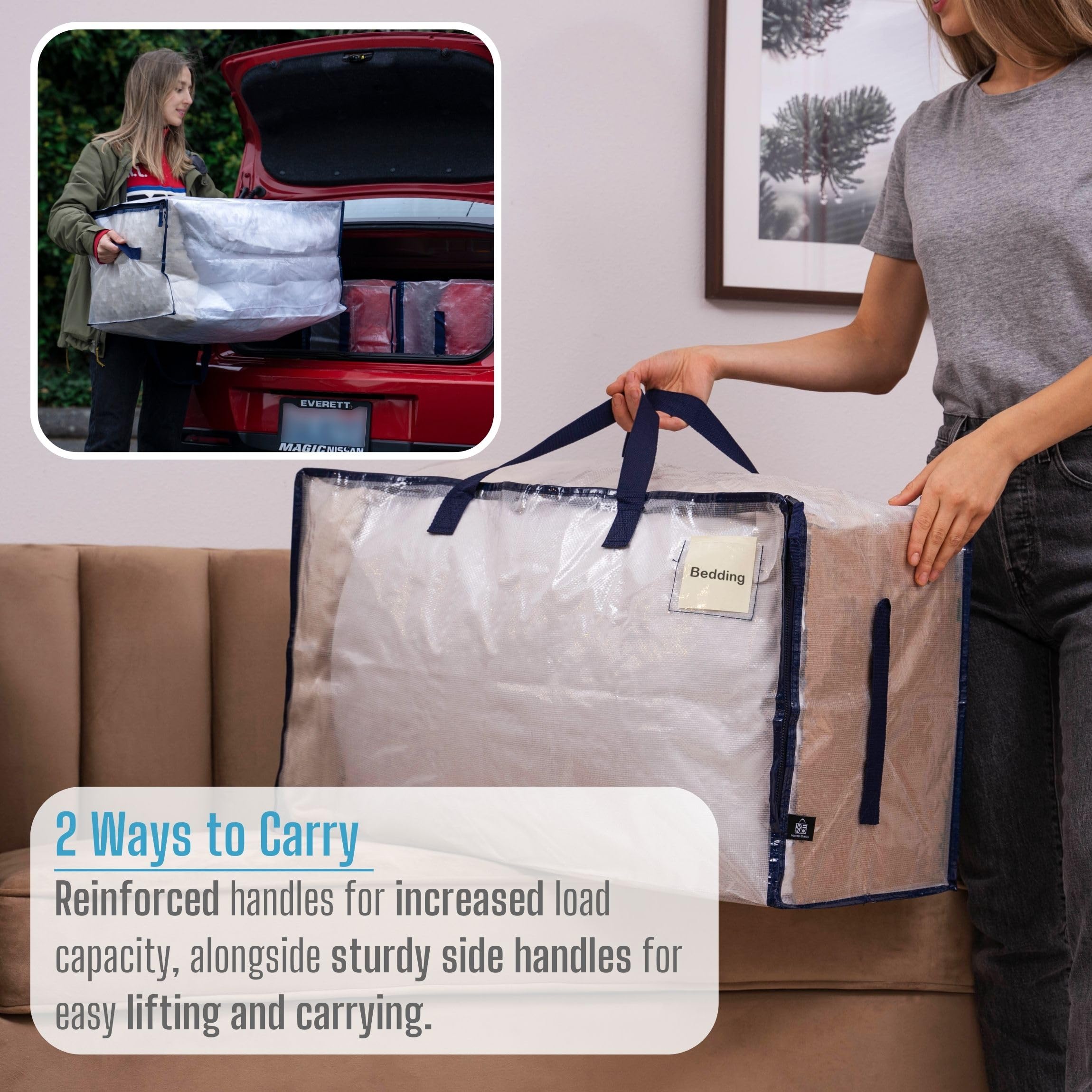 VENO Heavy Duty Extra Large Foldable Storage Bags with Zippers & Carrying Handles, Storage Containers Organizer Tote, Moving Boxes for College Dorm, Travel, Camping, Reusable (Clear, 4 Pack)