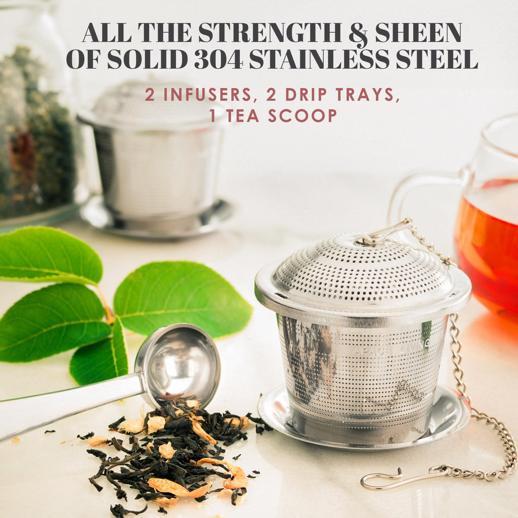 Apace Loose Leaf Tea Infuser (Set of 2) with Tea Scoop and Drip Tray - Ultra Fine Stainless Steel Strainer & Steeper for a Superior Brewing Experience (Silver, Medium)
