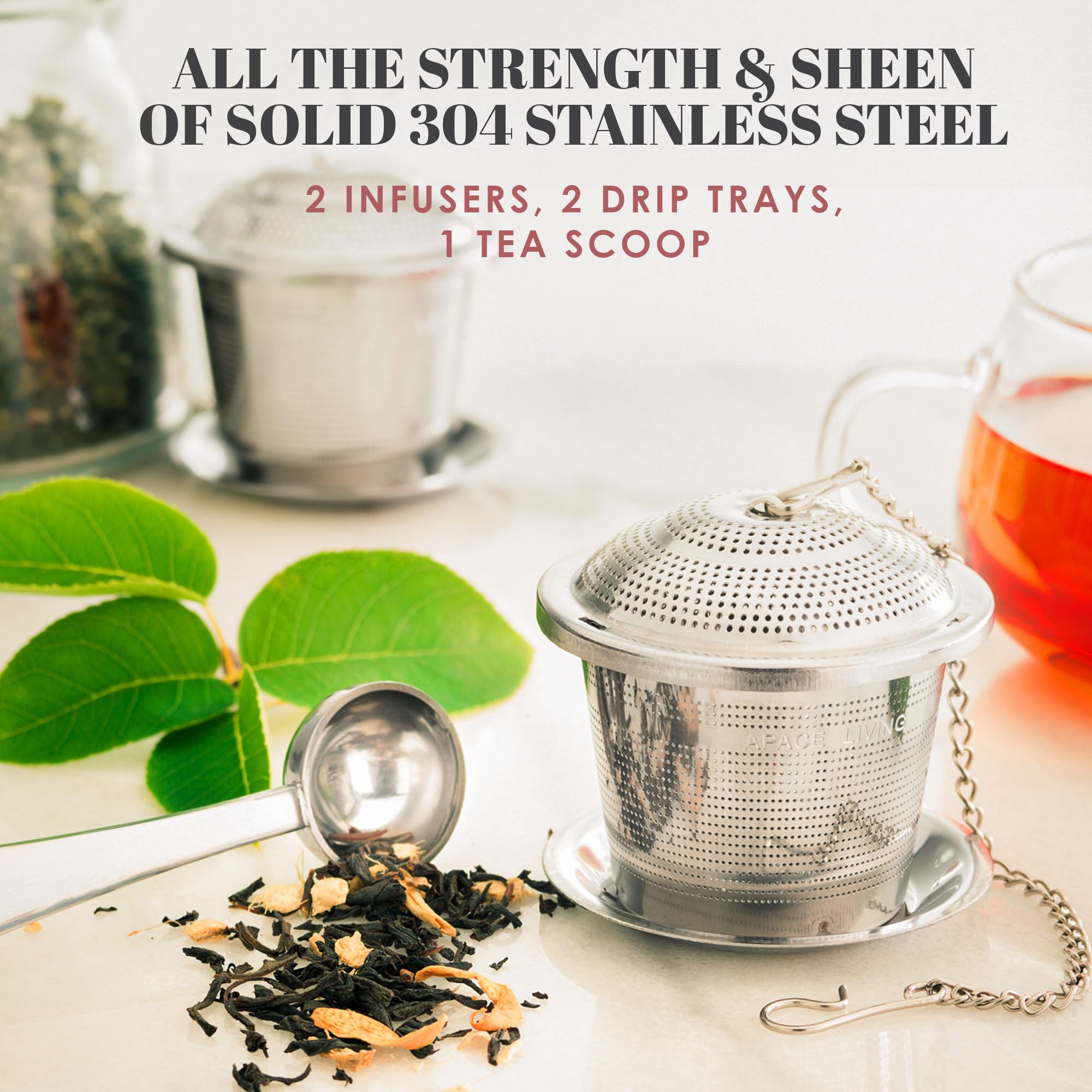 Apace Loose Leaf Tea Infuser (Set of 2) with Tea Scoop and Drip Tray - Ultra Fine Stainless Steel Strainer & Steeper for a Superior Brewing Experience (Silver, Medium)
