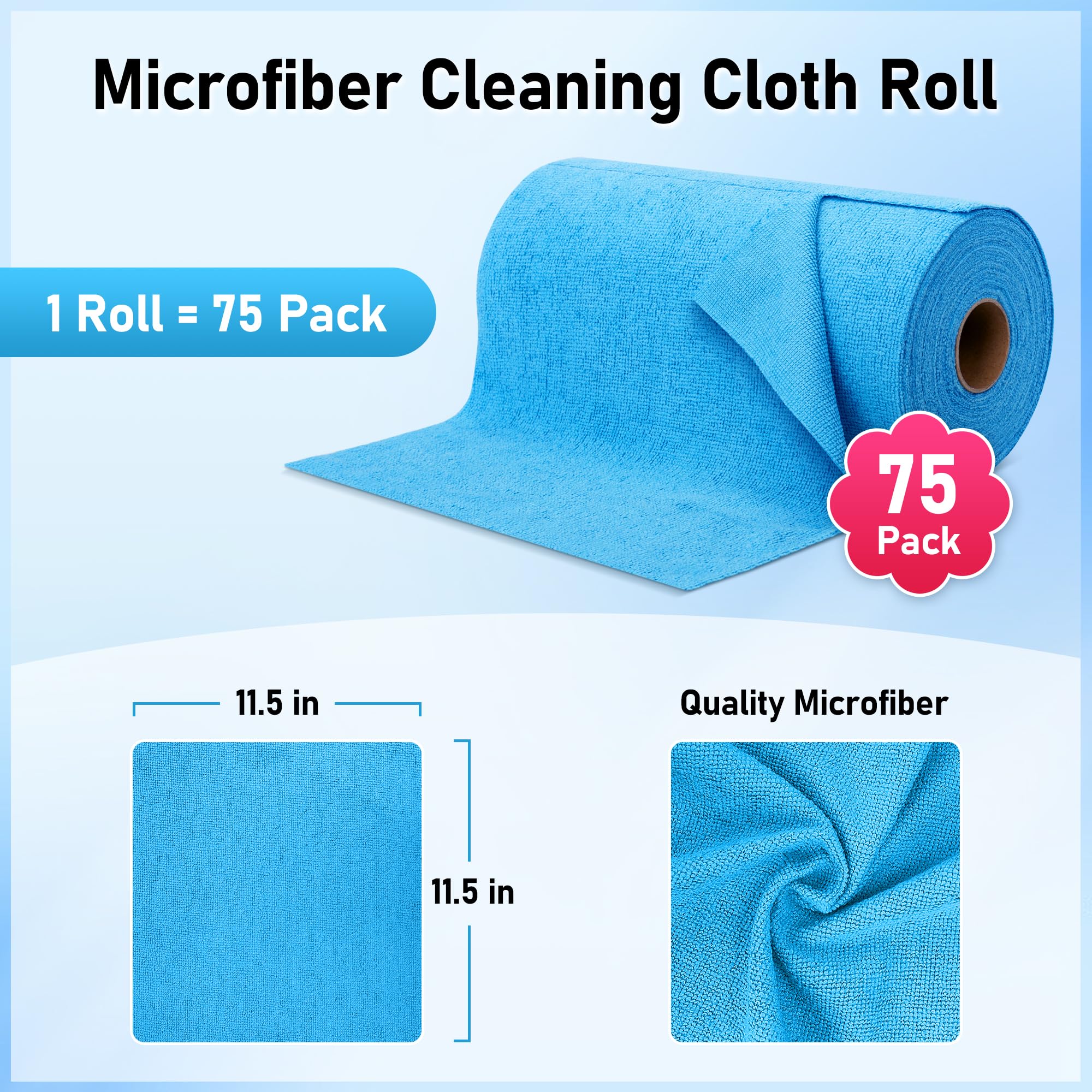 HOMERHYME Microfiber Towel Roll, 75 Pack Cleaning Rags Microfiber Cleaning Cloth, Lint Free Multi-Purpose Reusable Washable Rags Tear Away Microfiber Towels for Cars Kitchen Garage Shop 11.5"x11.5"