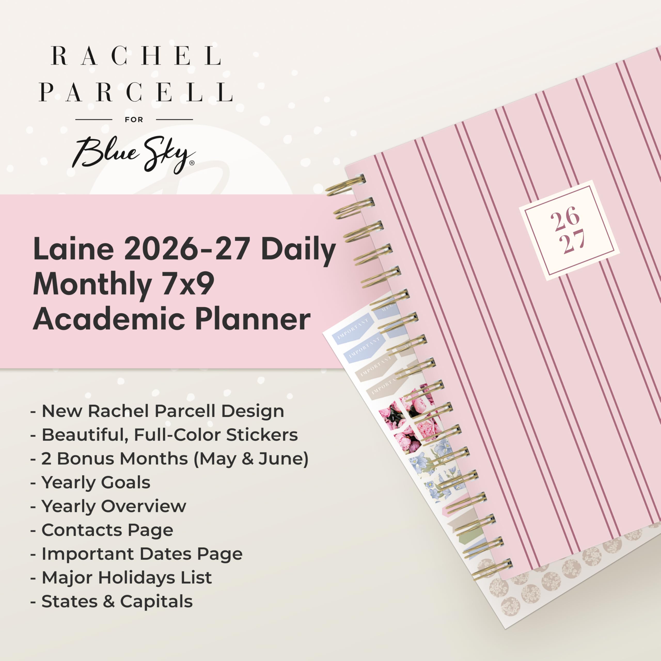 Blue Sky Rachel Parcell 2026-2027 Daily and Monthly Academic Year Planner Calendar, July 2026 - June 2027, 7" x 9", Laminated Cover, Wirebound, Laminated Tabs, Storage Pocket, Includes Stickers, Laine