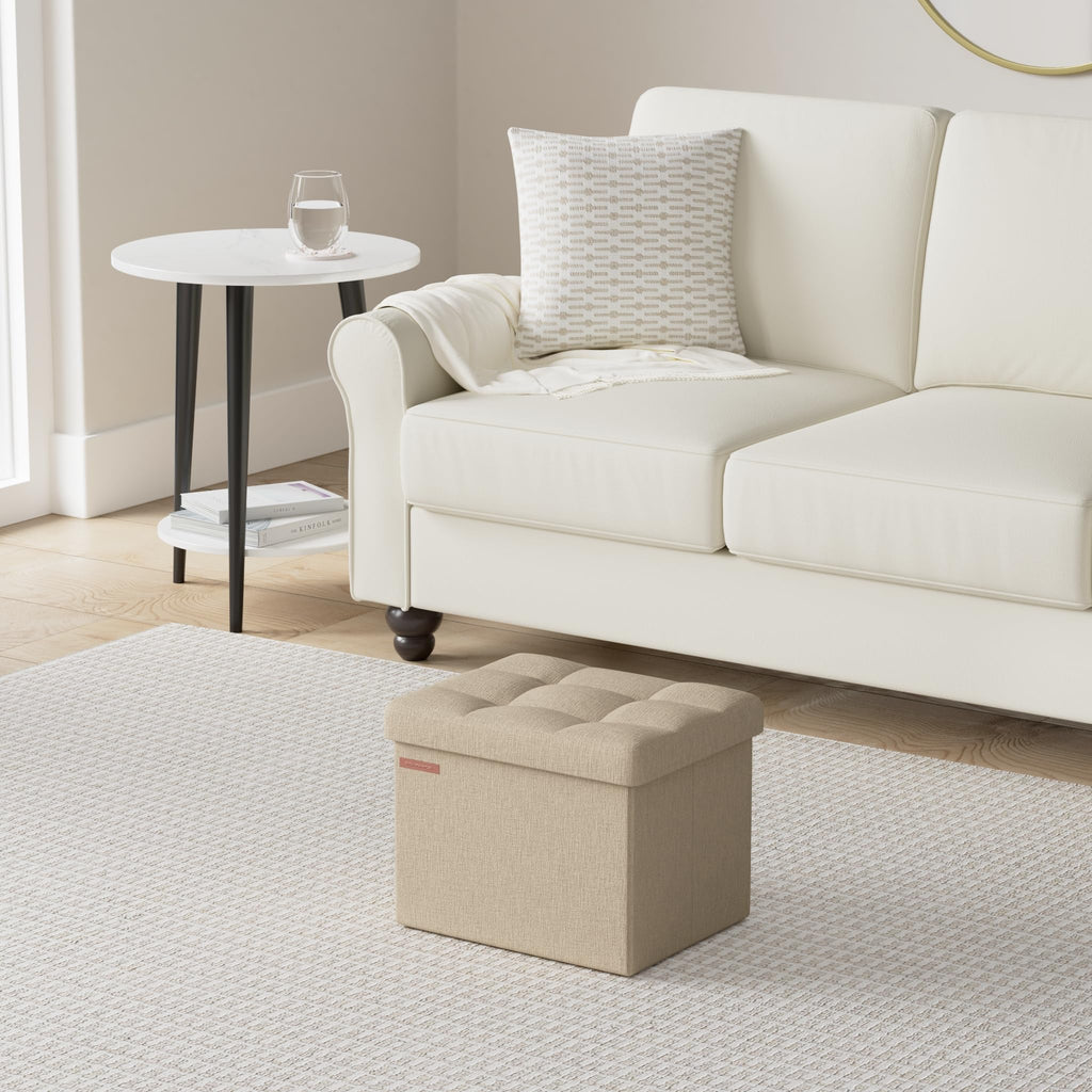 SONGMICS Small Folding Storage Ottoman, Foot Rest Stool, 31 x 41 x 31 cm, 286 kg Load Capacity, for Living Room, Bedroom, Home Office, Dorm, Light Taupe ULSF102K01