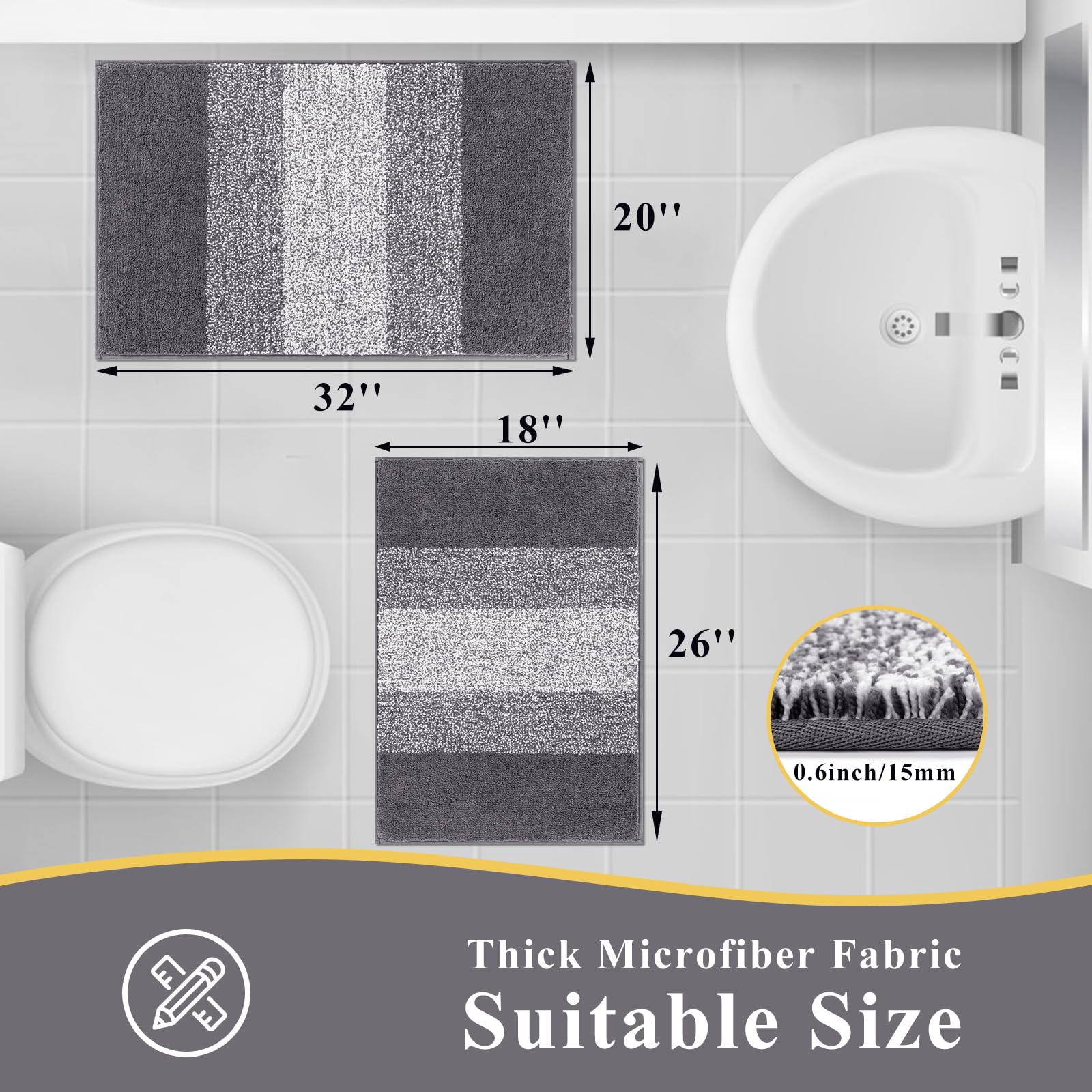 Vaukki Luxury Soft Bathroom Rugs Set of 2, Non Slip Washable Plush Bath Floor Mats, Microfiber Shaggy Absorbent Striped Bath Carpet for Tub, Bathroom and Shower (18''x26''+20''x32'', Grey)