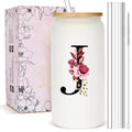 Personalized Gifts for Women, Monogrammed Frosted Glass Tumbler with Straw and Lid, Cute Customized Mug, Custom Initial Iced Coffee Glasses, Customizable Drinking Cup, Birthday Teacher Woman, J