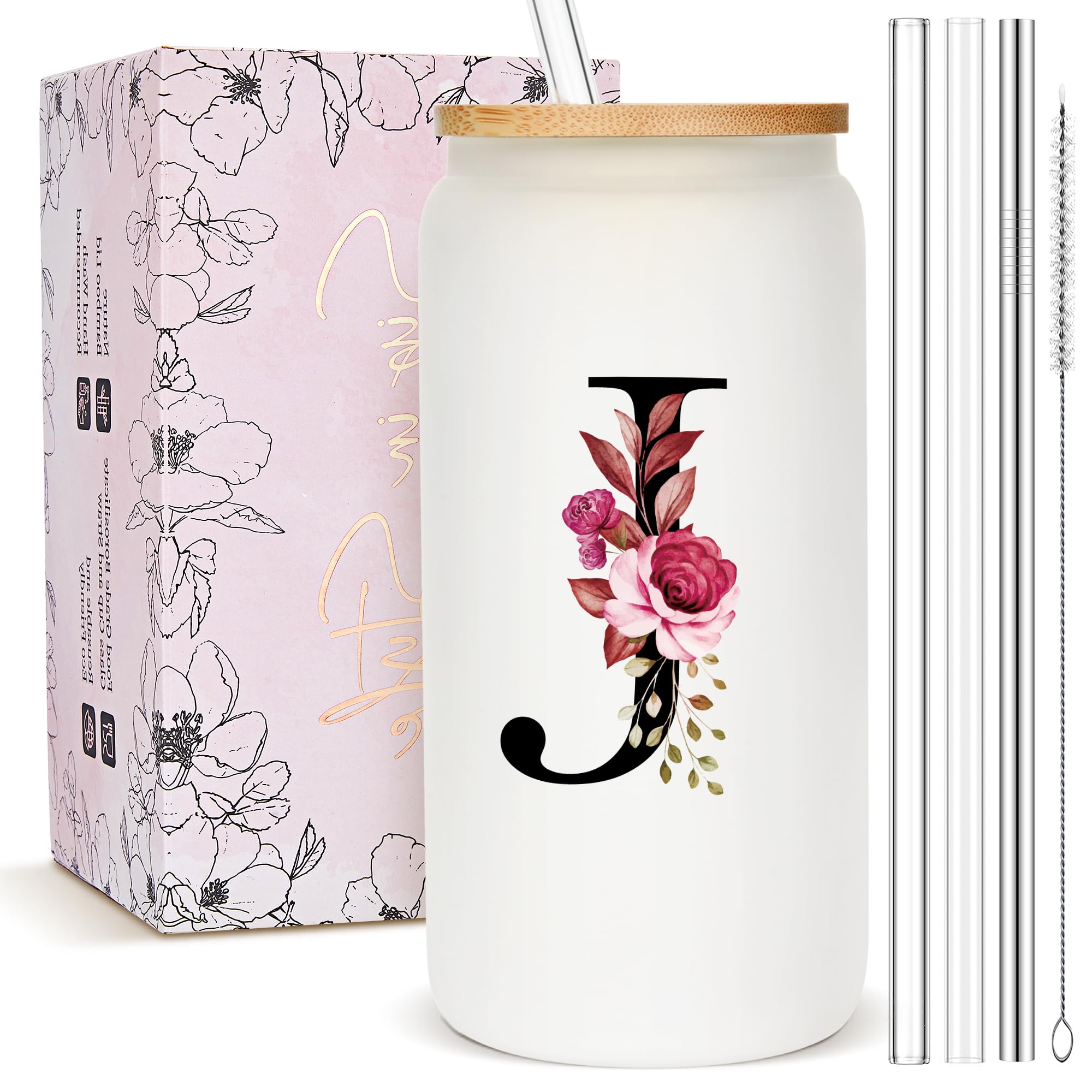 Personalized Gifts for Women, Monogrammed Frosted Glass Tumbler with Straw and Lid, Cute Customized Mug, Custom Initial Iced Coffee Glasses, Customizable Drinking Cup, Birthday Teacher Woman, J