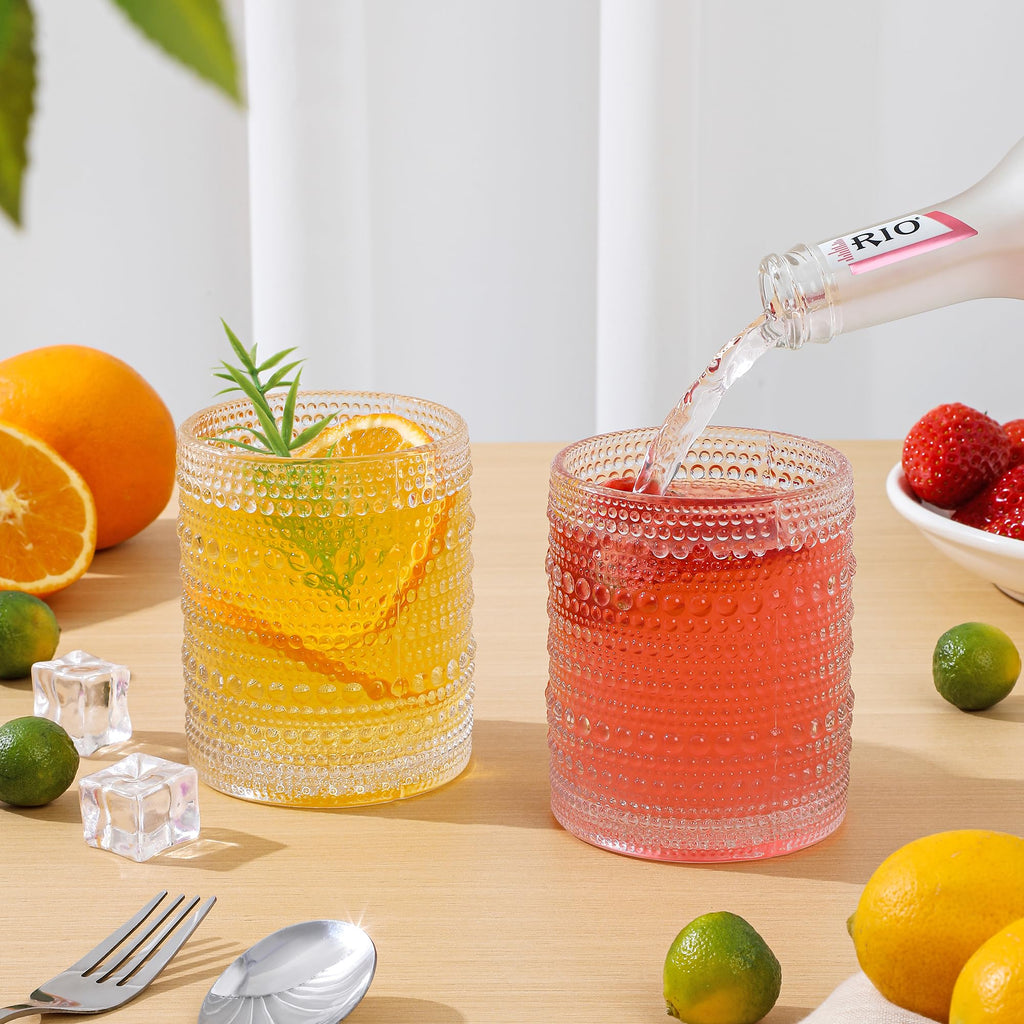 HomeVogue Hobnail Drinking Glasses Set of 6,12 oz Vintage Glassware Set Cocktail Glass Set, Embossed Clear Water Tumbler,for Beer, Whiskey,Juice and Various Mixed Drinks (Clear)
