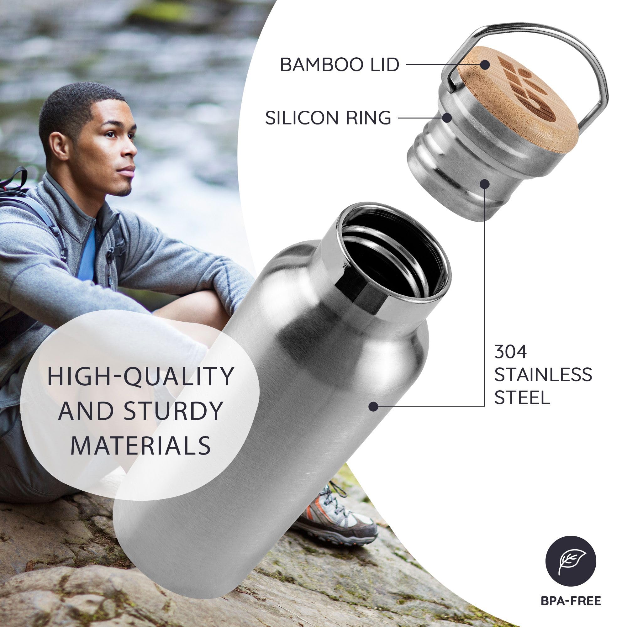 Bambaw 16 oz Water Bottle Insulated, Small Reusable Water Bottle Stainless Steel, Keeps Drinks Cold 24h and Hot 12h, Easy to Clean, Fits in Cup Holder & Easy to Carry (Silver)