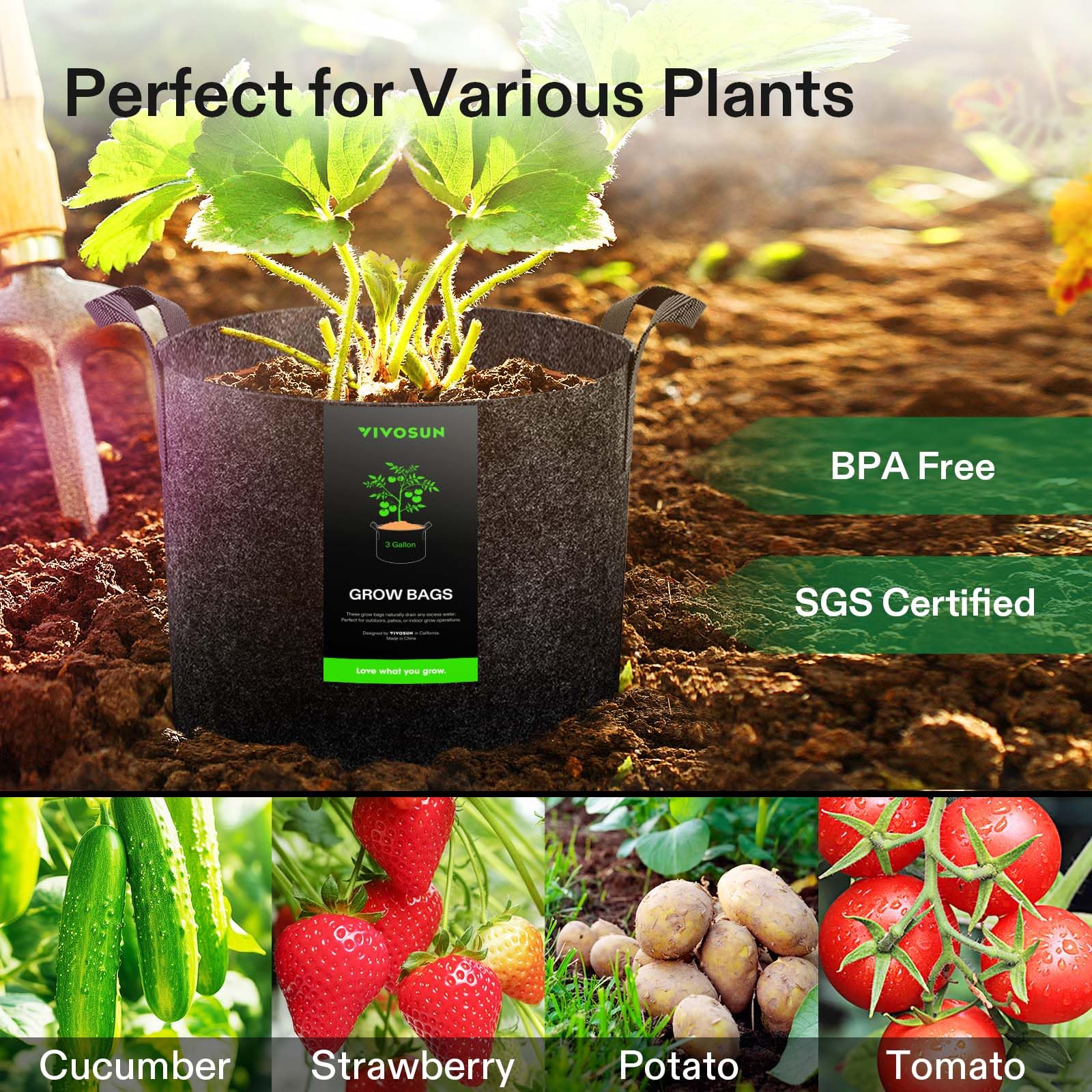 VIVOSUN 10-Pack 3 Gallon Grow Bags Heavy Duty 300G Thickened Nonwoven Plant Fabric Pots with Handles