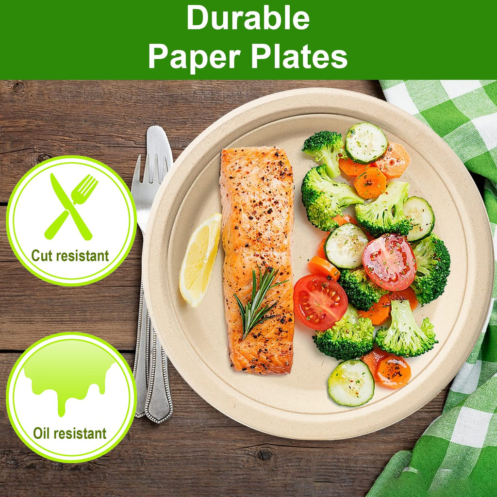Paper Plates 9 Inch, 150 Pack Compostable Plates Eco Friendly Disposable Plates, Heavy Duty Paper Plates, Brown Paper Plates for Party
