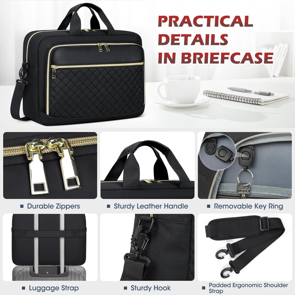 Laptop Bag 17.3 Inch Large Laptop Briefcase for Women Men Waterproof Shoulder Messenger Bag Padded Carry On Laptop Case Professional Computer Bag for Business Office Work College, Black