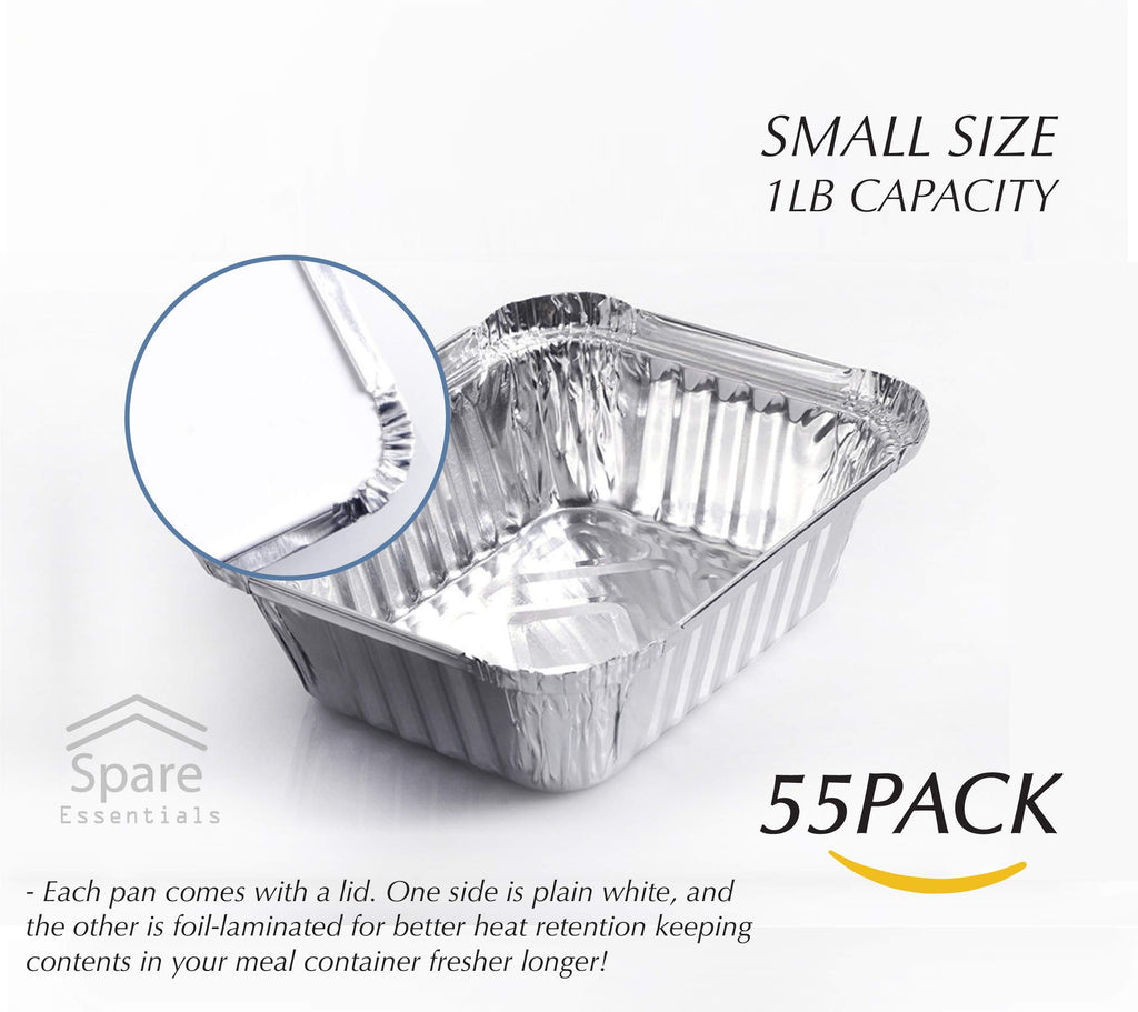 55 PACK - Aluminum Foil Pan Containers with Lids Take Out Pans Food Containers Disposable Easy Pack From Spare – 1Lb Capacity 5.5" x 4.5" x 1.9" – SMALL Size