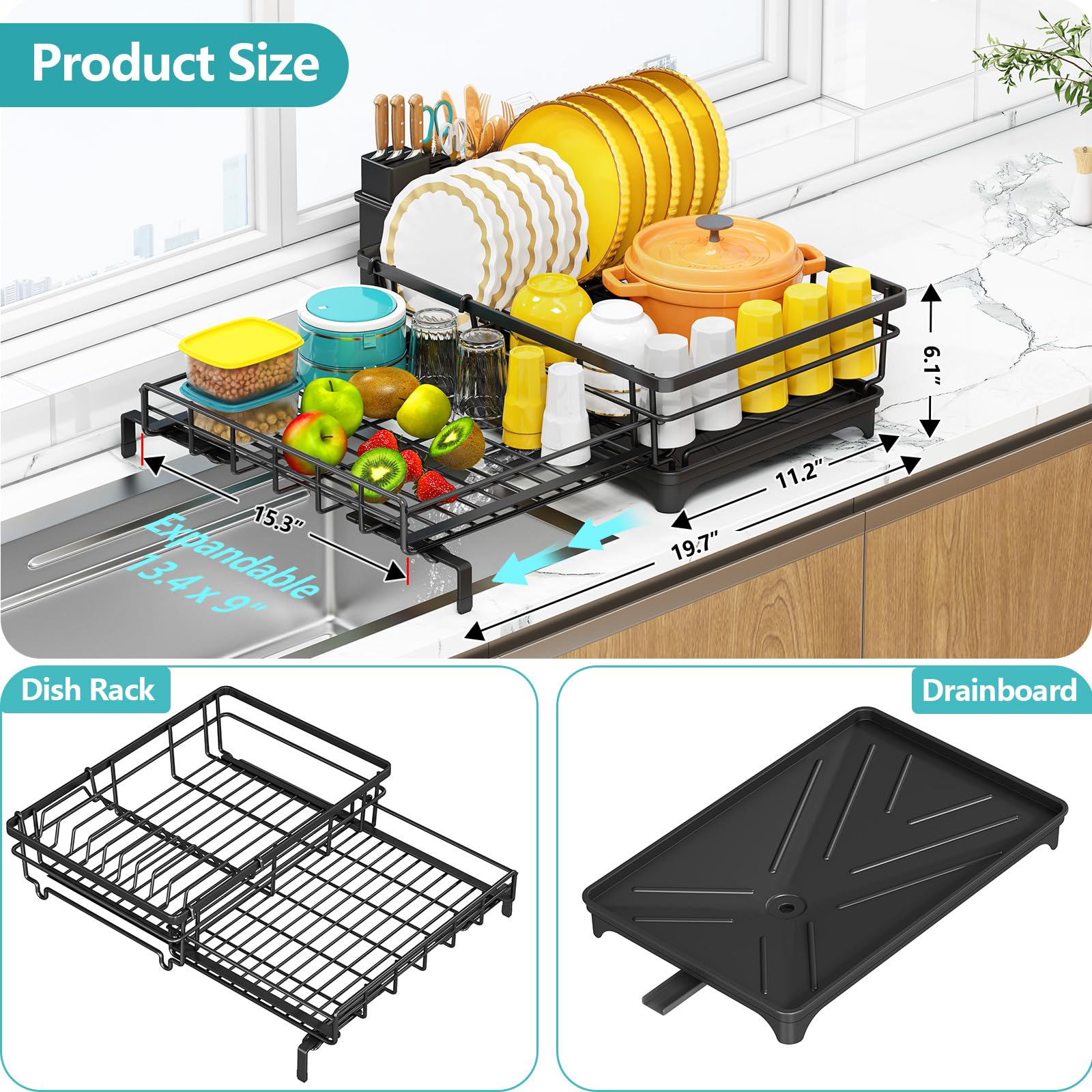 Large Dish Drying Rack,Expandable Dish Rack for Kitchen Counter,Dish Racks with Drain Board and Cutlery Holder,Kitchen Organizers and Storage,Black