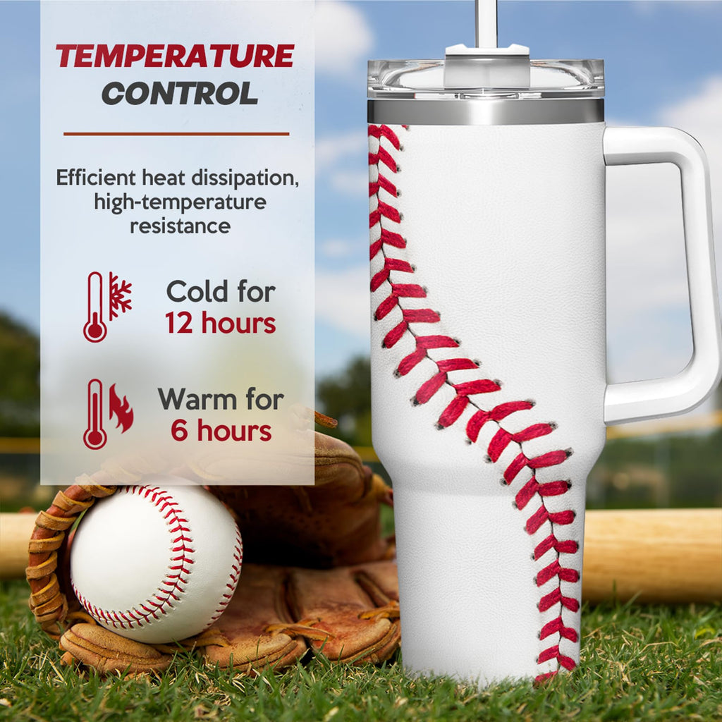 Baseball Tumbler with Handle 40oz, Insulated Stainless Steel Cup with Lid & Straw, Gifts for Men, Boys, Players, Coaches, Sports Lovers, Christmas, Birthday