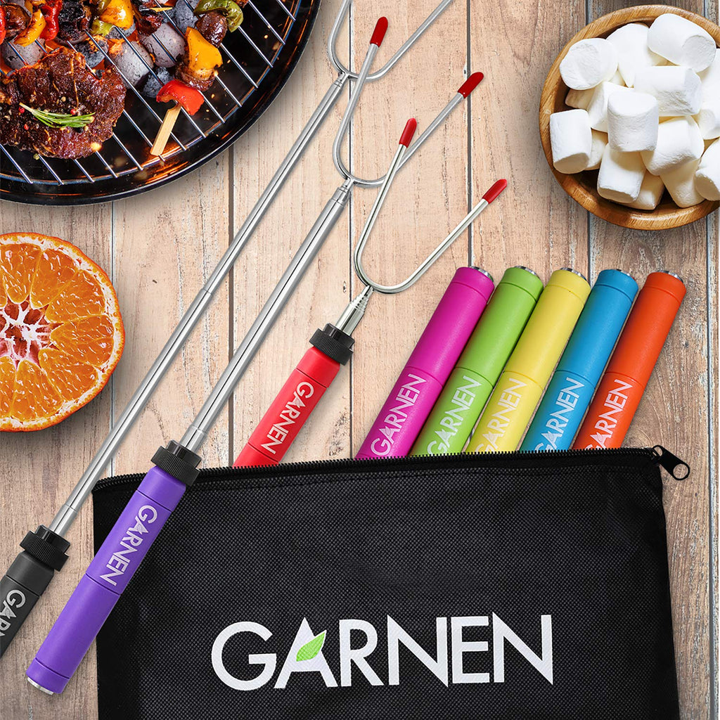 Garnen BBQ Marshmallow Roasting Smores Sticks with Pouch (8 Packs) FDA Certified, 34 inch Extendable Rotating Stainless Steel Skewer Fork with Plastic Handle for Kids Camping Grill Campfire Firepit