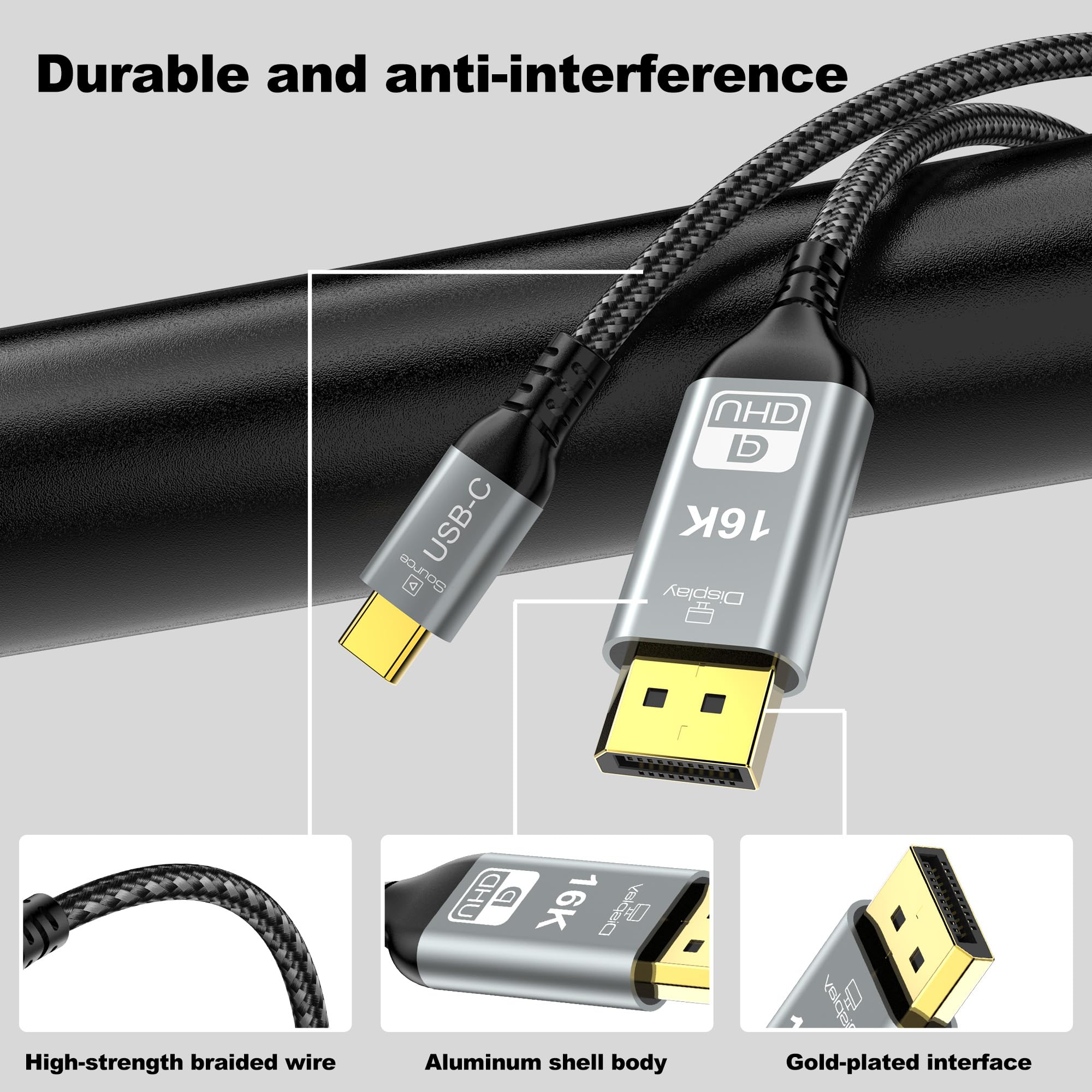 CHENLENIC USB C to DisplayPort 2.1 Cable, 16K@30Hz 8K@120Hz 4K@240Hz, Thunderbolt 5 to DP Cable,40Gbps,Type C Compatible with MacBook Pro M4,M3, iPhone 16 Pro, Dell XPS, Gaming Monitor 6FT